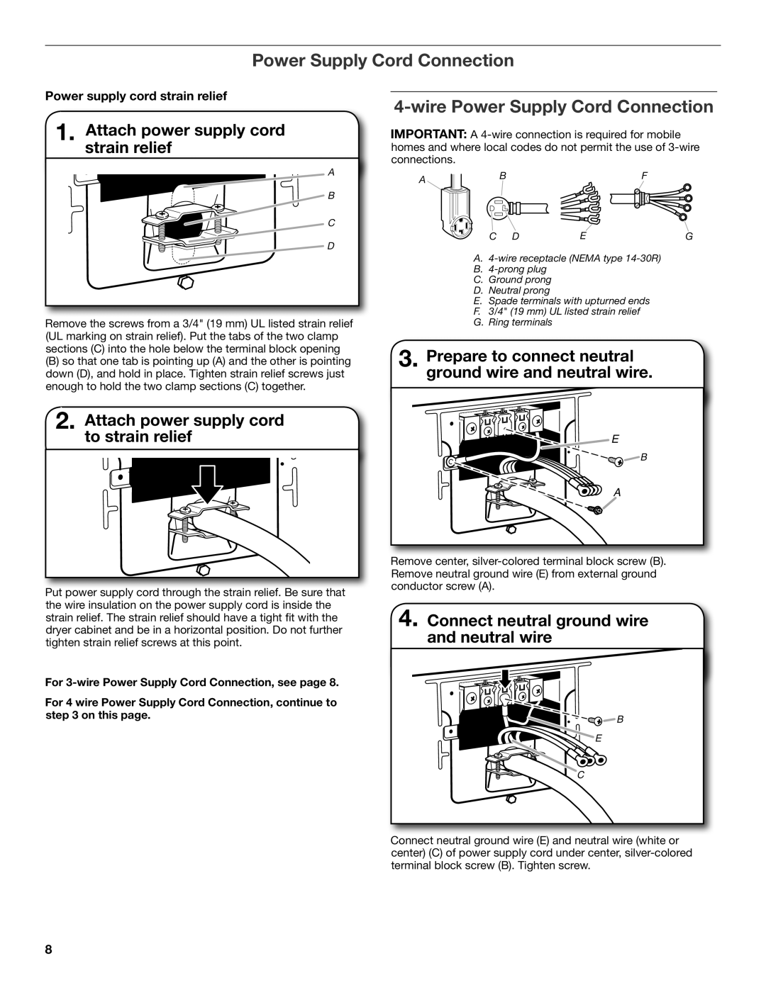 Maytag W10306460A-SP, W10096988A installation instructions Wire Power Supply Cord Connection 