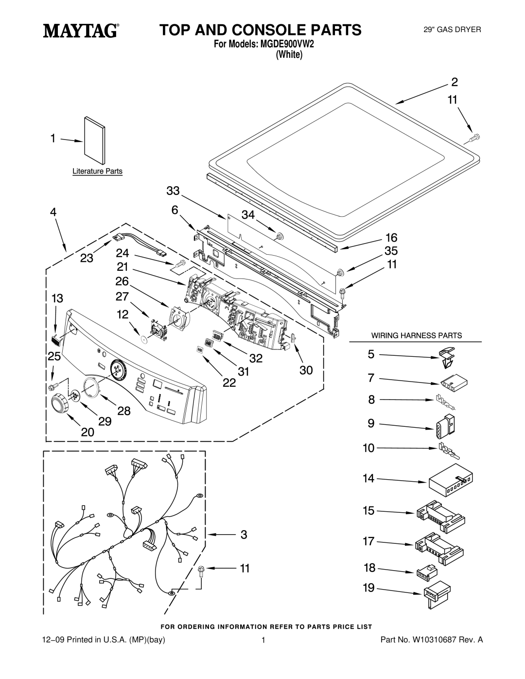 Maytag MGDE900VW2, W10310687 manual TOP and Console Parts 