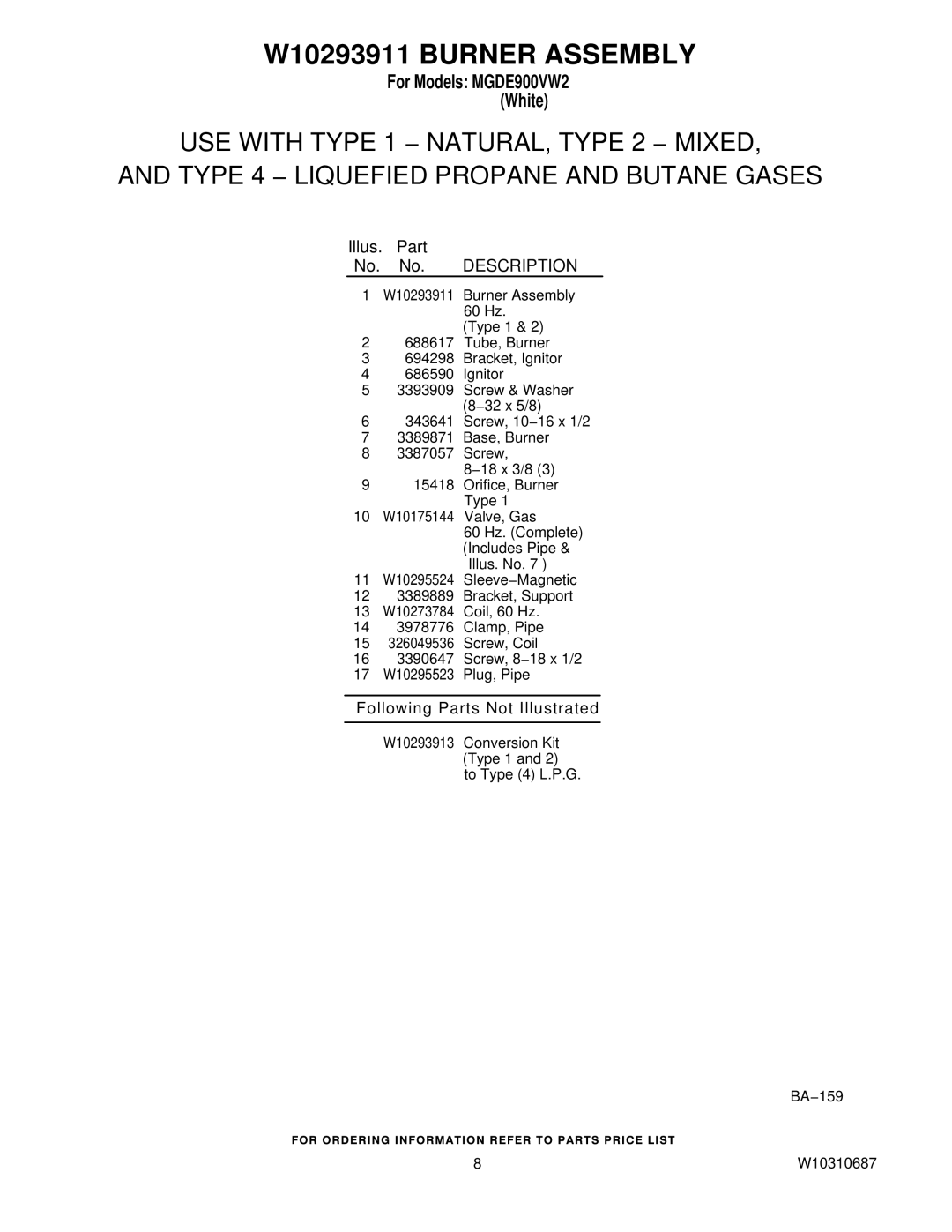 Maytag W10310687, MGDE900VW2 manual W10293911 Burner Assembly, Illus. Part No. No. Description 