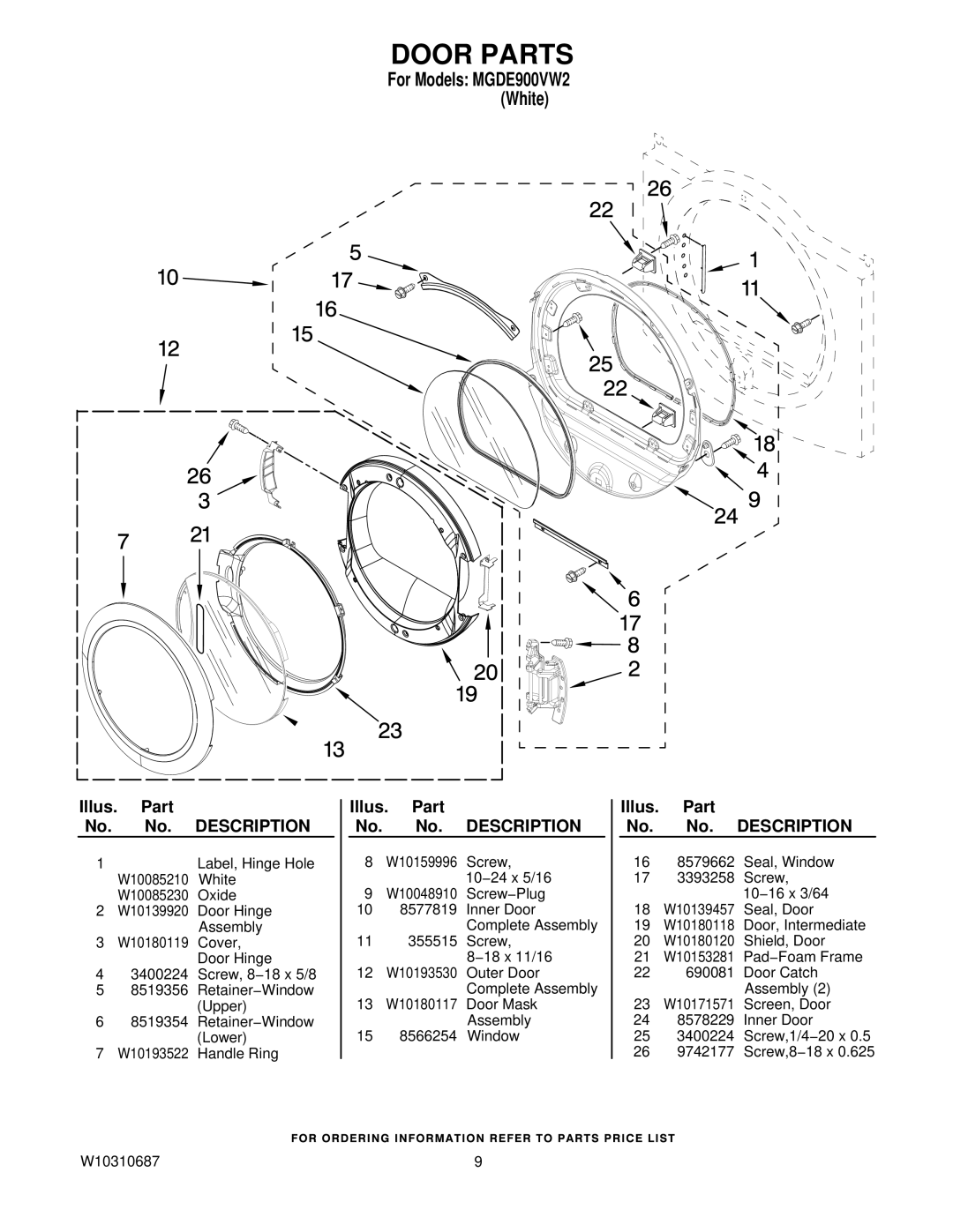 Maytag MGDE900VW2, W10310687 manual Door Parts 