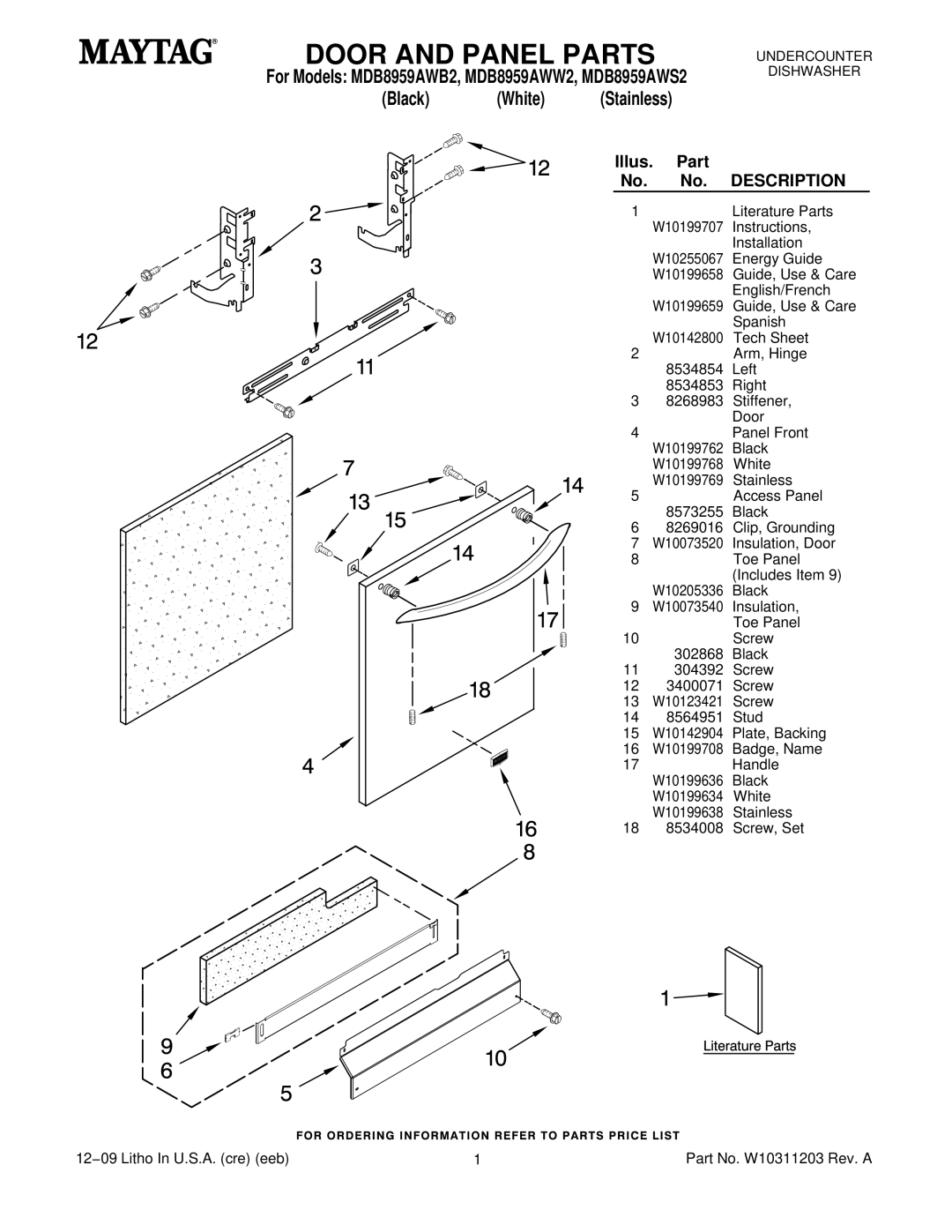 Maytag MDB8959AWB2, W10311203, MDB8959AWW2, MDB8959AWS2 manual Door and Panel Parts, Black White Stainless 