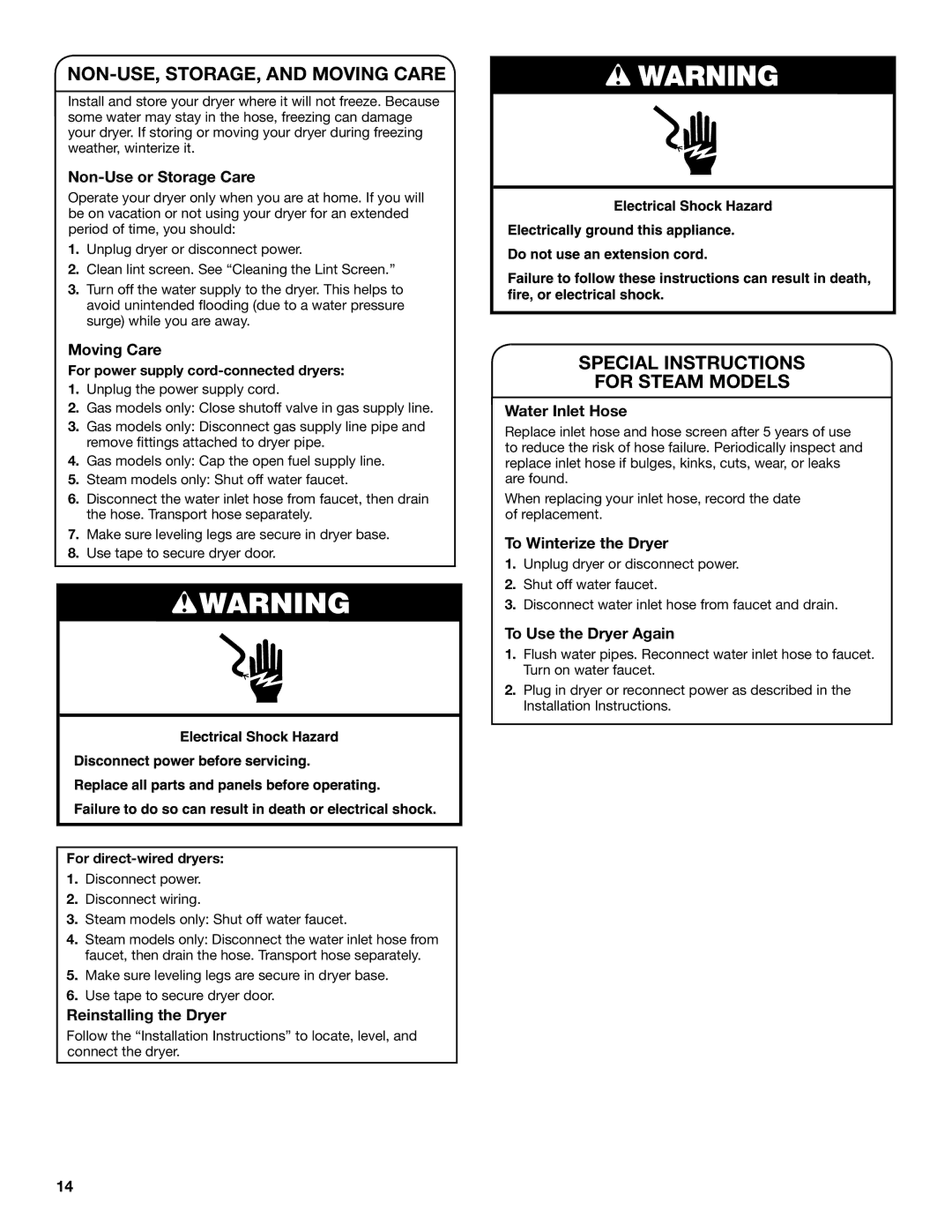 Maytag W10312952A Non-Use or Storage Care, Moving Care, Reinstalling the Dryer, Water Inlet Hose, To Winterize the Dryer 