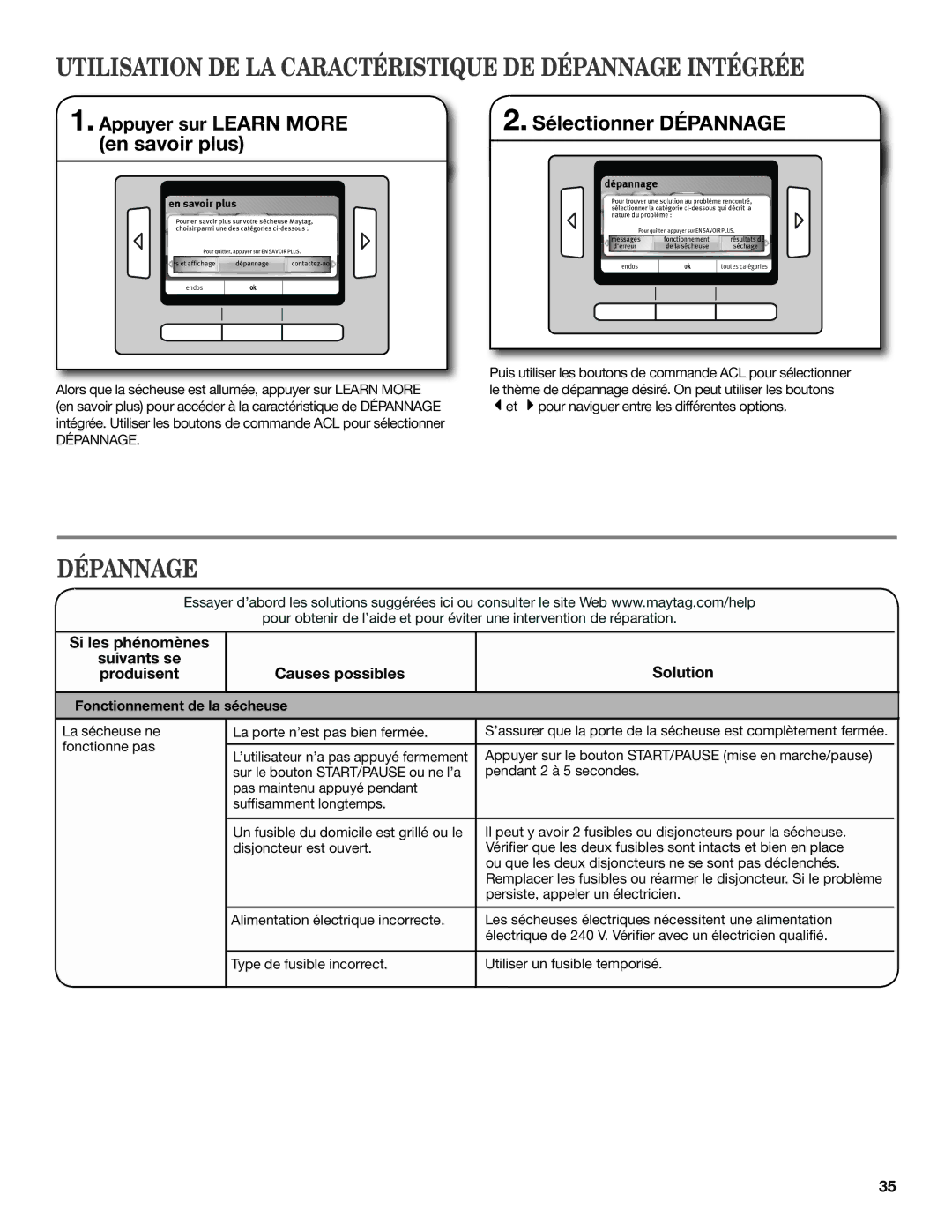 Maytag W10312956A - SP, W10312952A manual Utilisation DE LA Caractéristique DE Dépannage Intégrée, Appuyer sur Learn More 