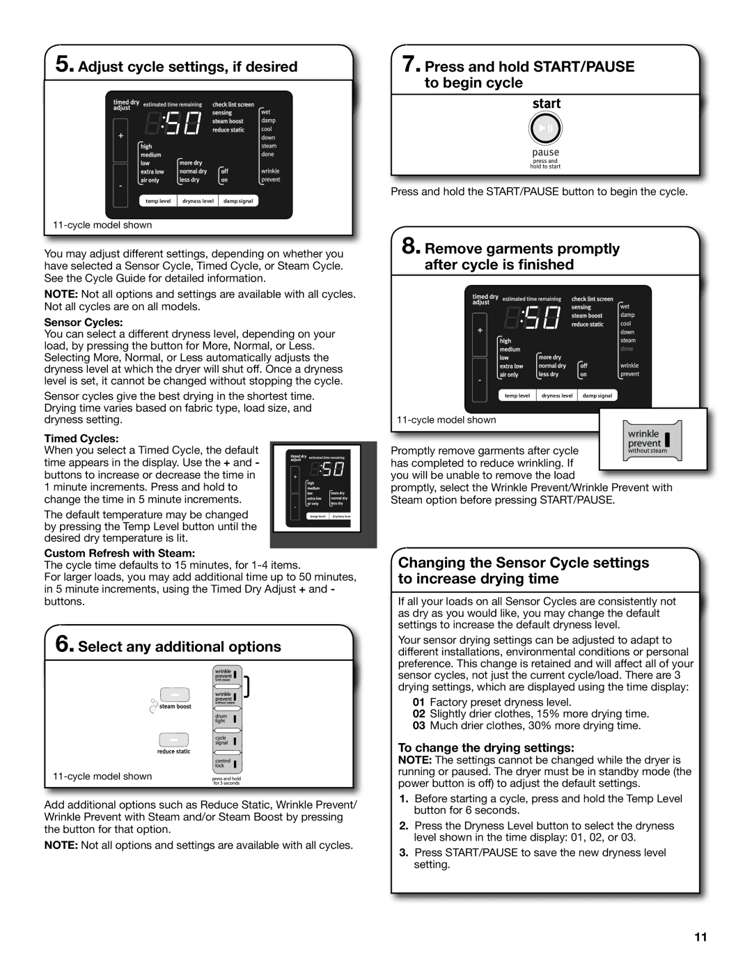 Maytag W10312954A, W10312957A - SP To change the drying settings, Sensor Cycles, Timed Cycles, Custom Refresh with Steam 