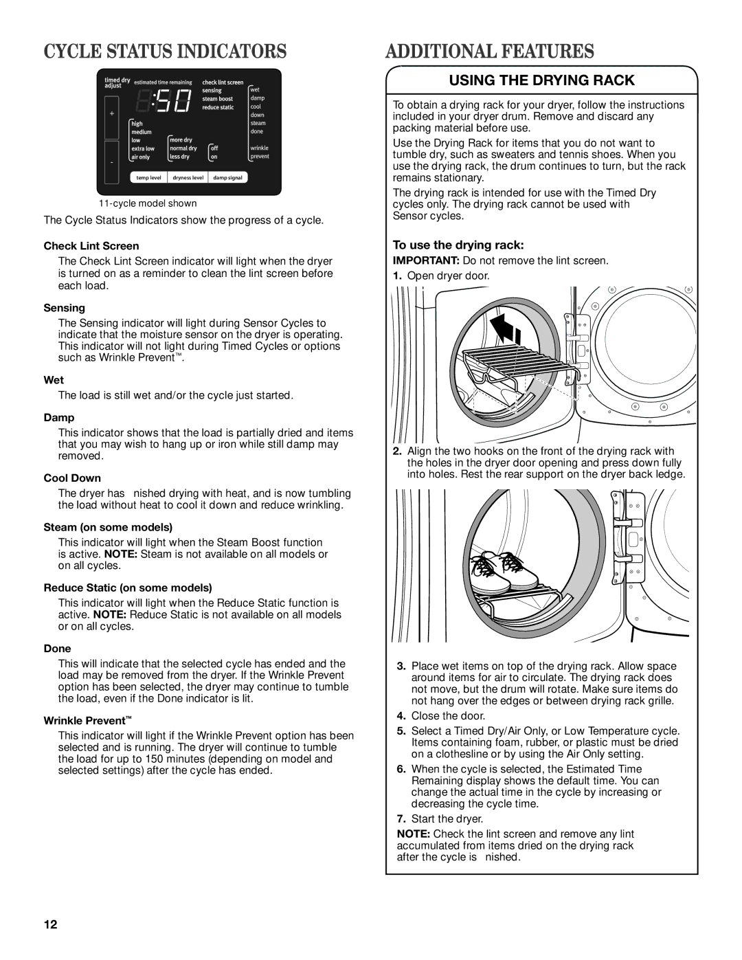 Maytag W10312957A - SP manual Cycle Status Indicators, Additional Features, Using the Drying Rack, To use the drying rack 