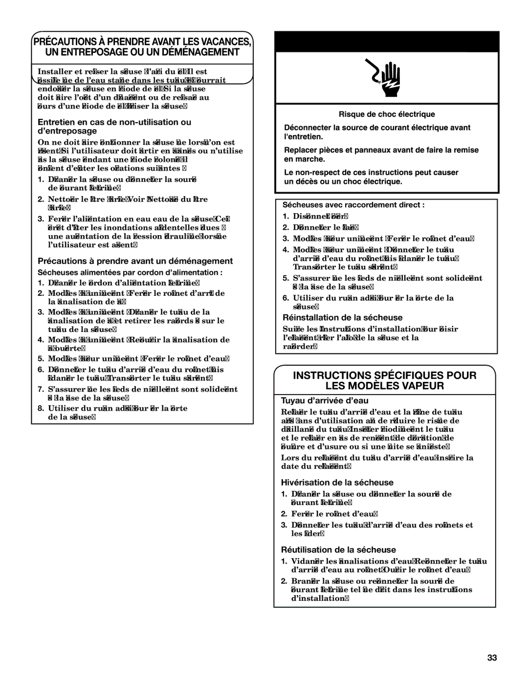 Maytag W10312954A, W10312957A - SP UN Entreposage OU UN Déménagement, Instructions Spécifiques Pour LES Modèles Vapeur 