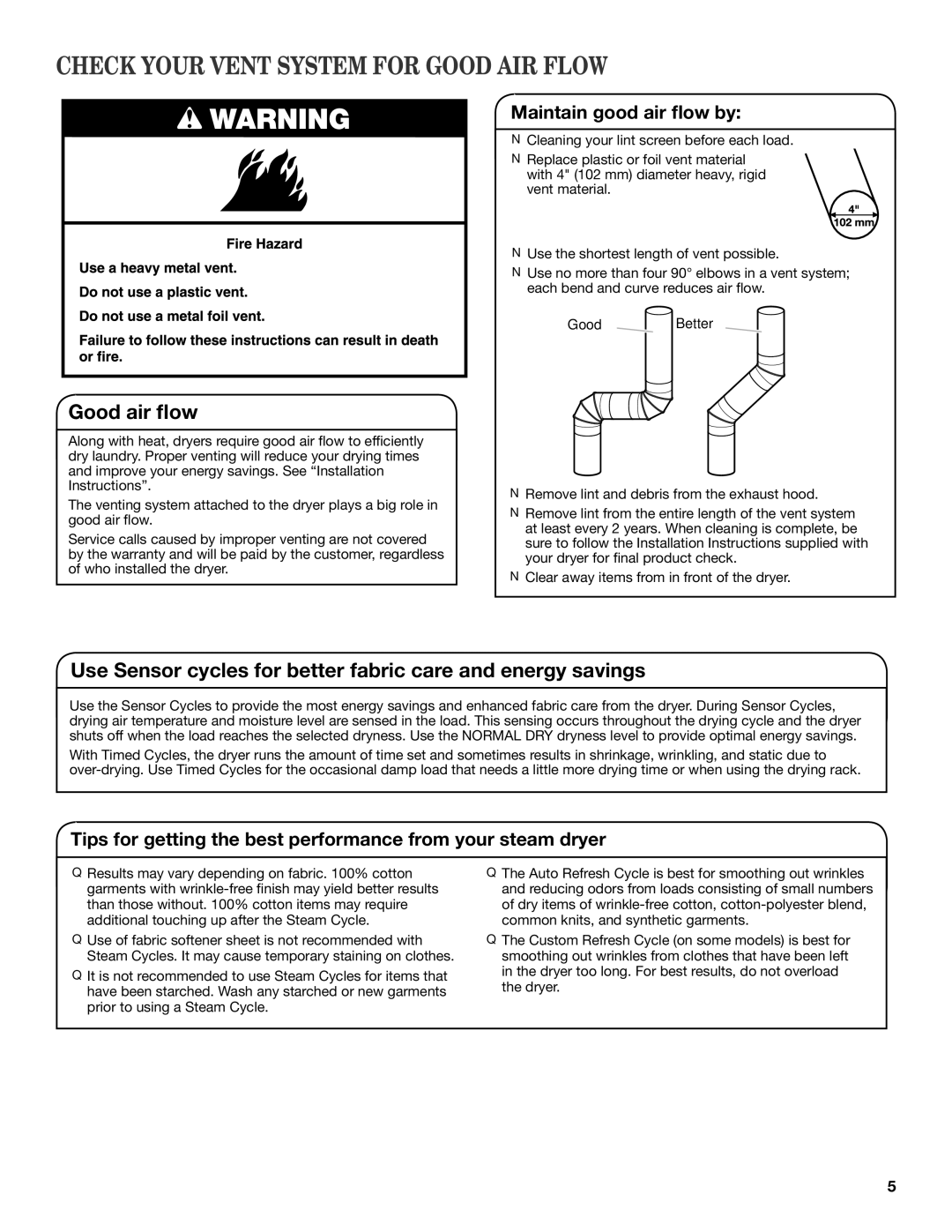 Maytag W10312954A, W10312957A - SP manual Check Your Vent System for Good AIR Flow, Good air flow 