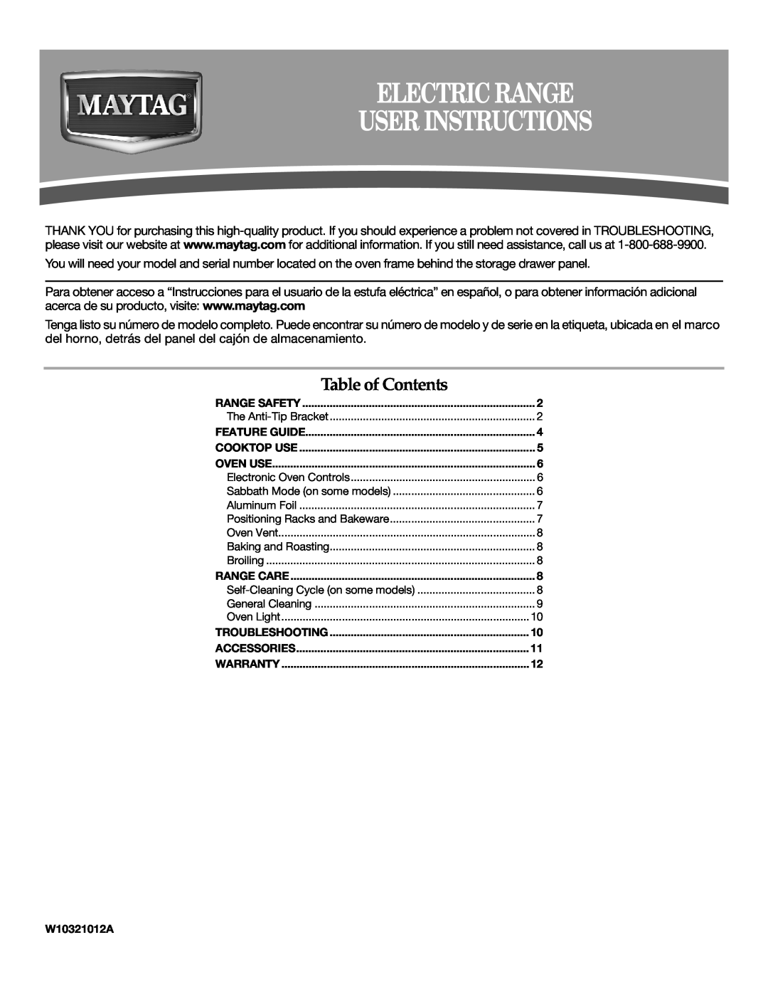 Maytag W10321012A warranty Electric Range User Instructions, Table of Contents 