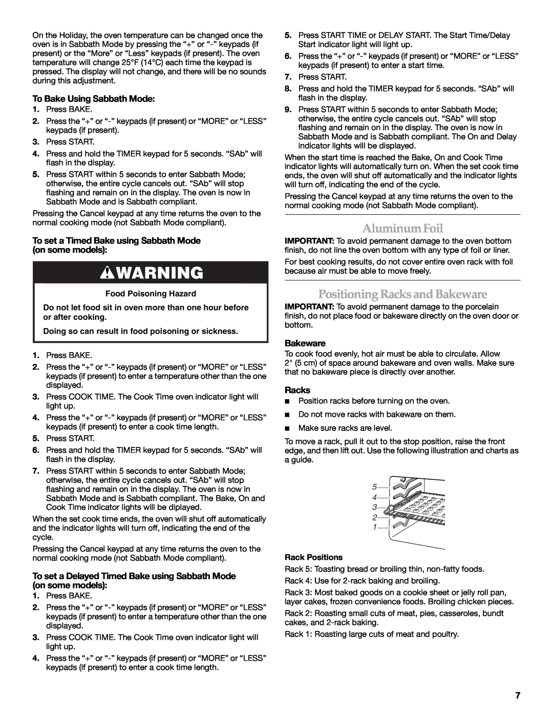 Maytag W10321012A warranty Aluminum Foil, Positioning Racks and Bakeware, To Bake Using Sabbath Mode, Food Poisoning Hazard 