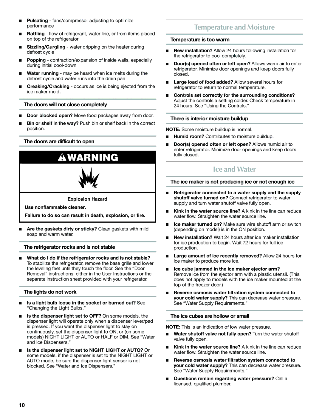 Maytag W10321475A installation instructions Temperature and Moisture, Ice and Water 