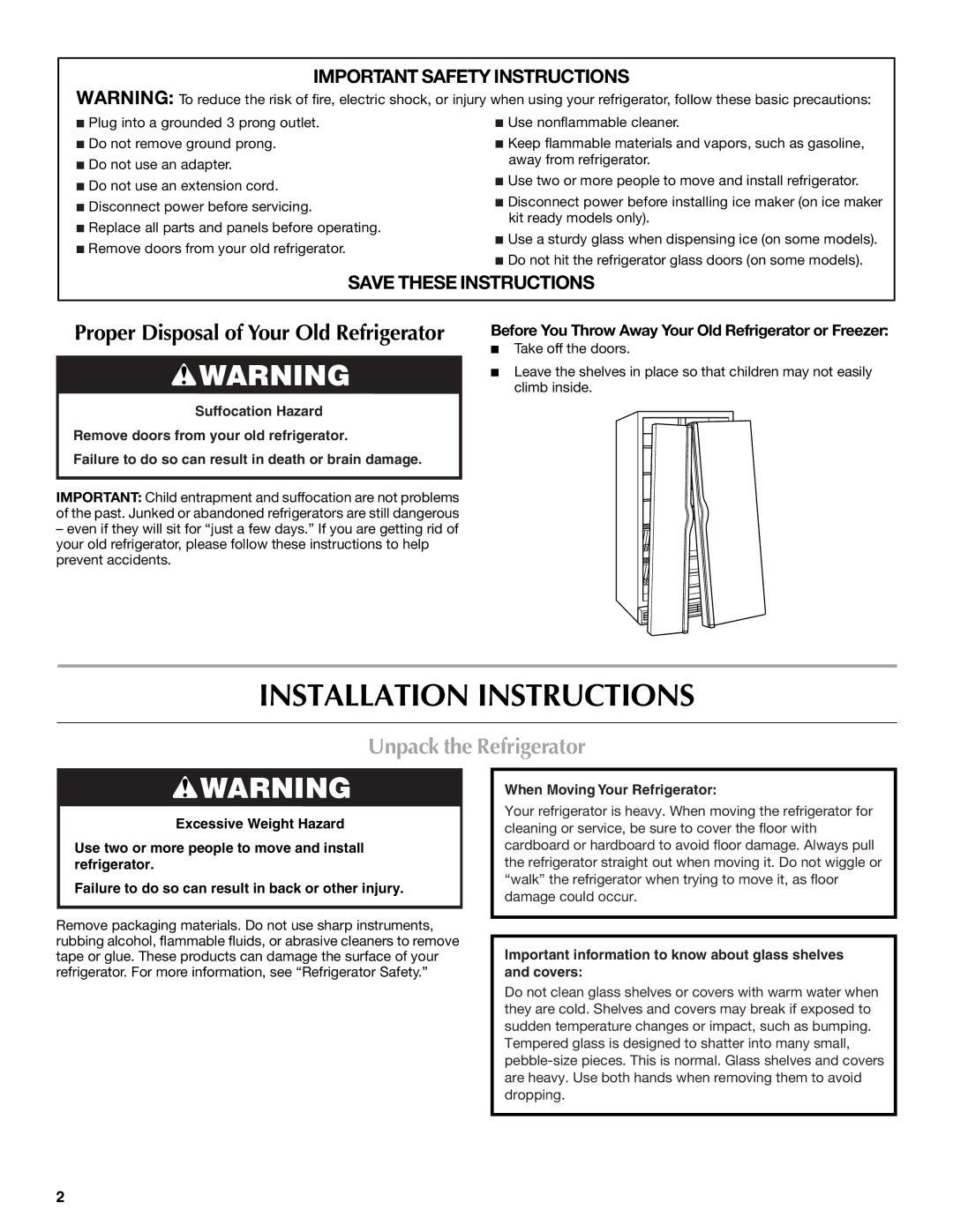 Maytag W10321475A installation instructions Installation Instructions, Unpack the Refrigerator 