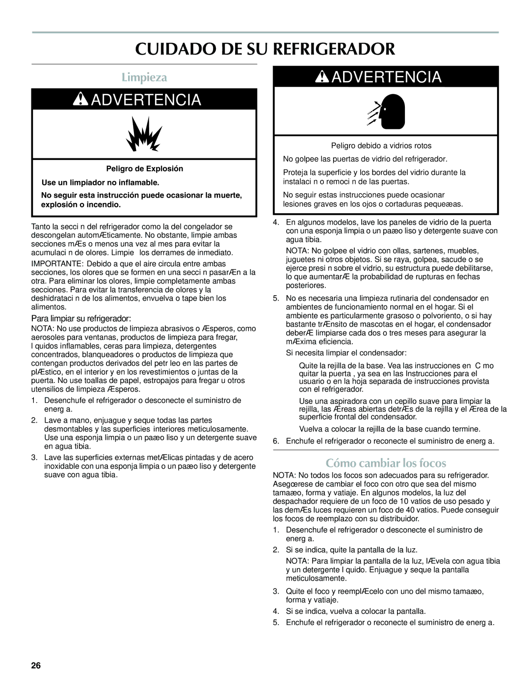 Maytag W10321475A Cuidado DE SU Refrigerador, Limpieza, Cómo cambiar los focos, Para limpiar su refrigerador 