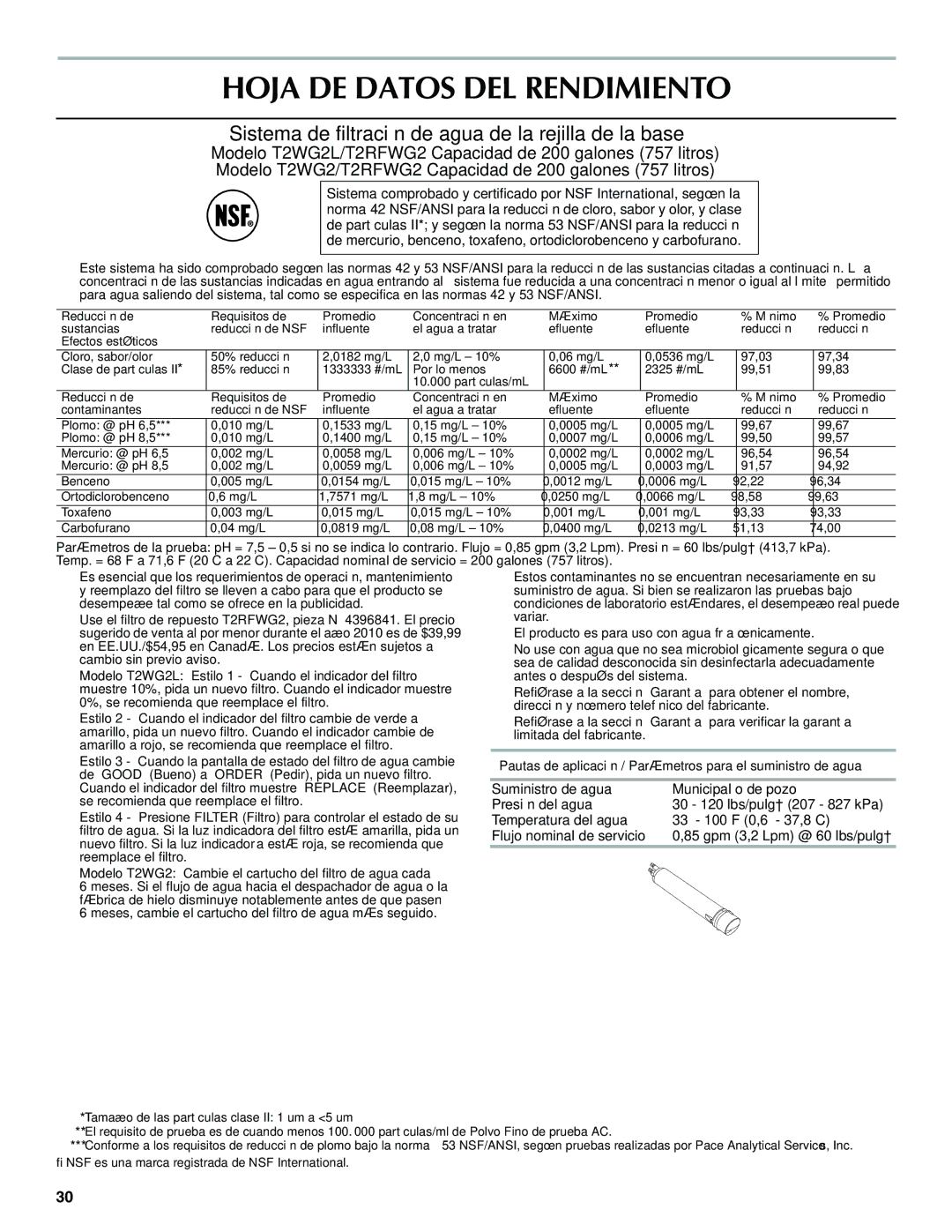 Maytag W10321475A Hoja DE Datos DEL Rendimiento, Sistema de filtración de agua de la rejilla de la base 