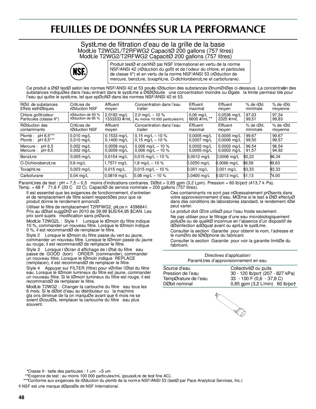 Maytag W10321475A Feuilles DE Données SUR LA Performance, Système de filtration deau de la grille de la base 