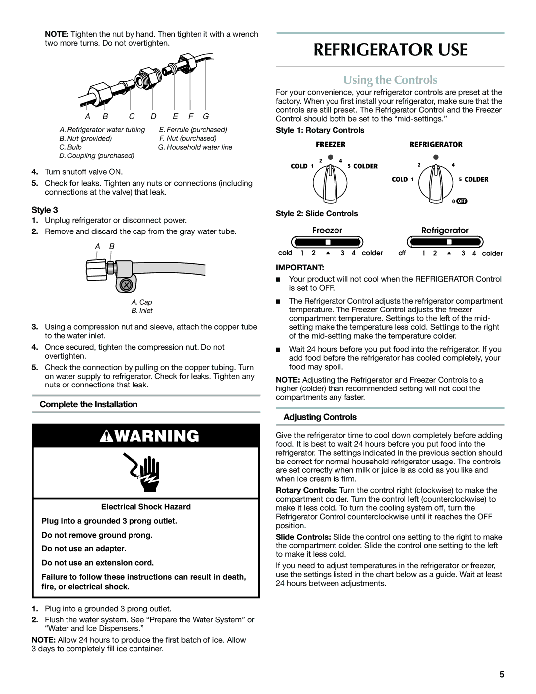 Maytag W10321475A Refrigerator USE, Using the Controls, Complete the Installation, Adjusting Controls 