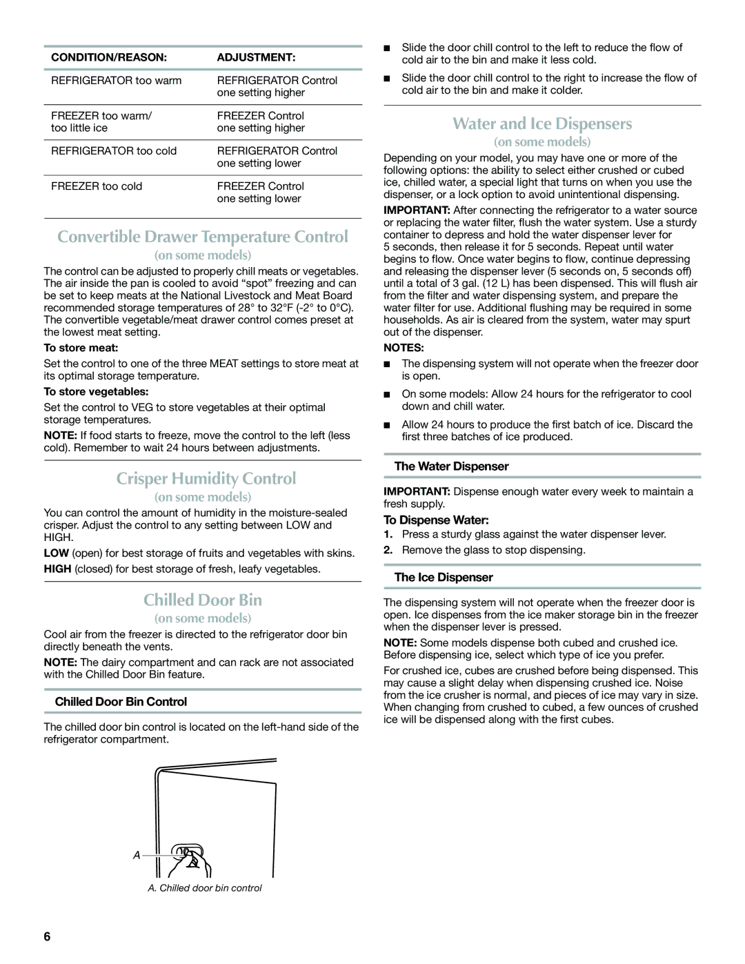 Maytag W10321475A installation instructions Crisper Humidity Control, Chilled Door Bin, Water and Ice Dispensers 