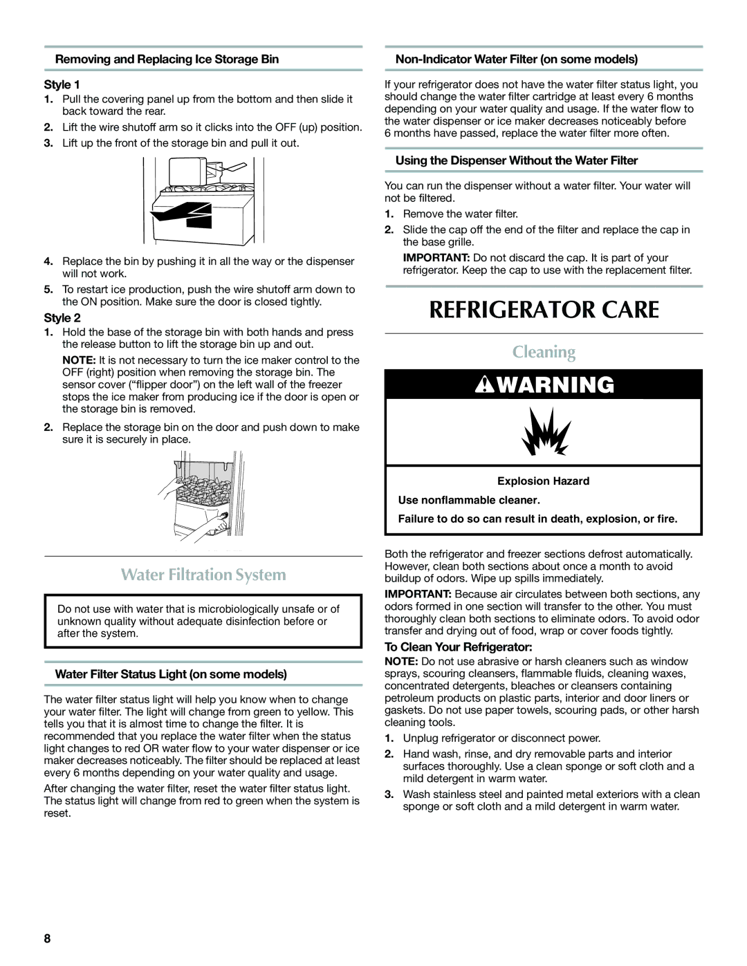 Maytag W10321475A installation instructions Refrigerator Care, Water Filtration System, Cleaning 