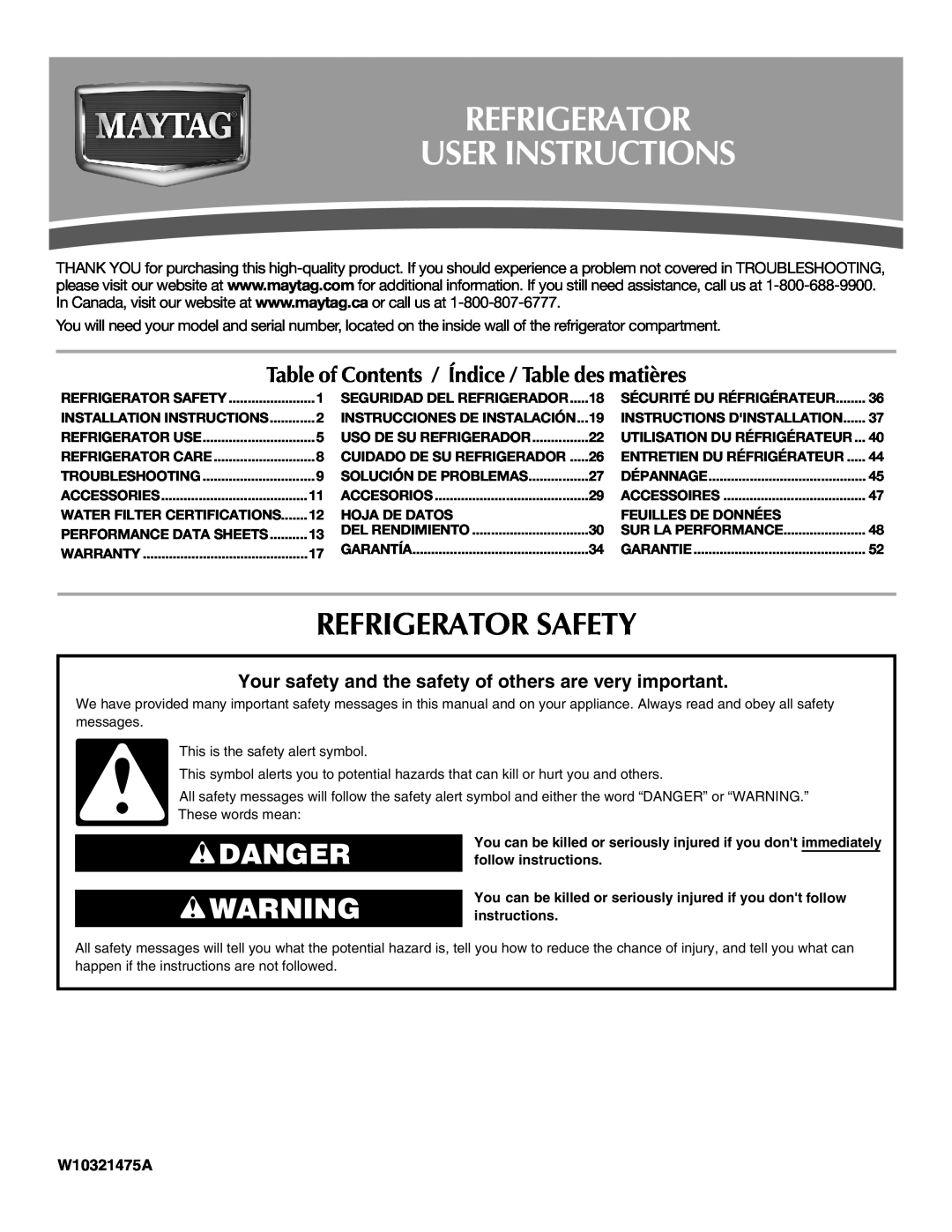 Maytag W10321475A installation instructions Refrigerator User Instructions, Refrigerator Safety, Danger 