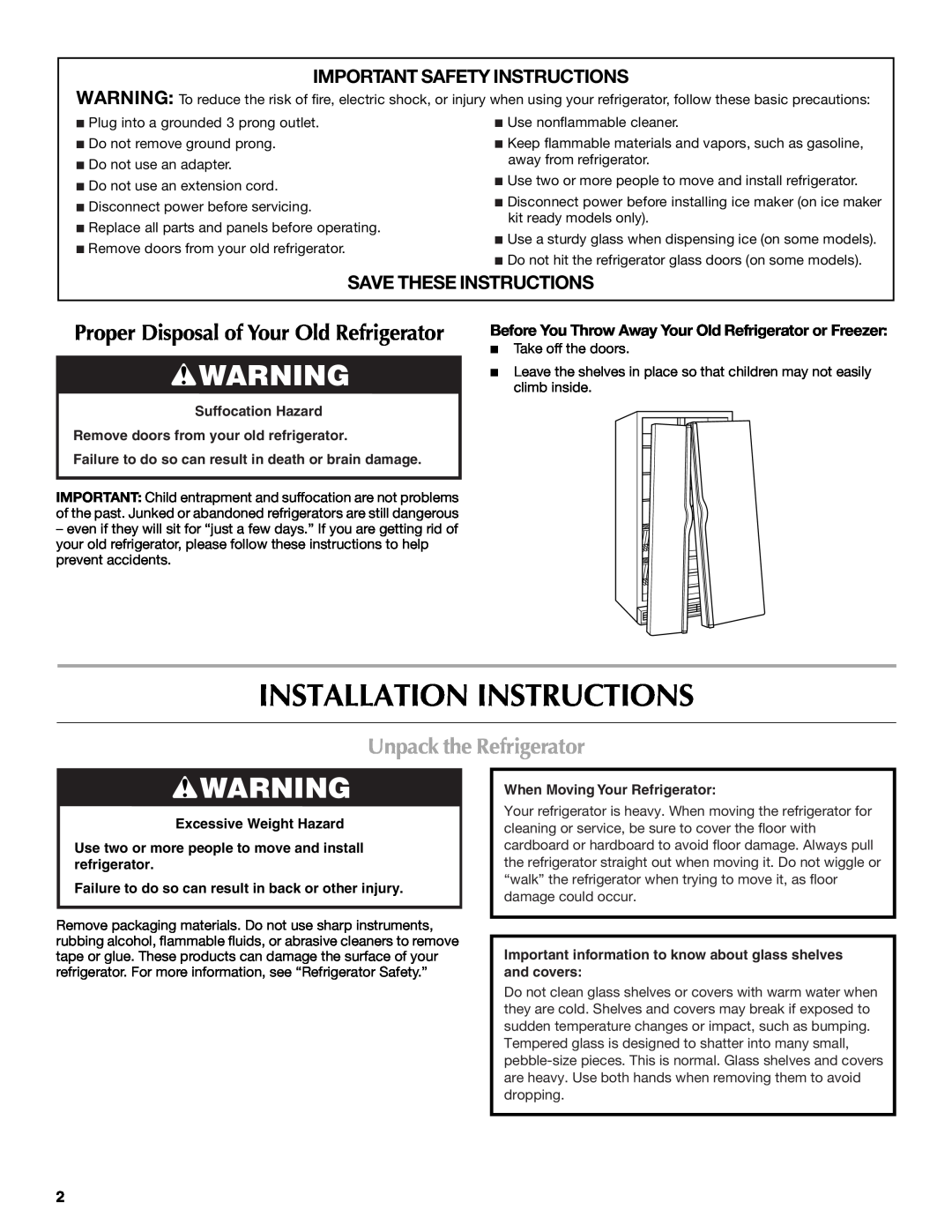 Maytag W10321475A Installation Instructions, Unpack the Refrigerator, Important Safety Instructions 