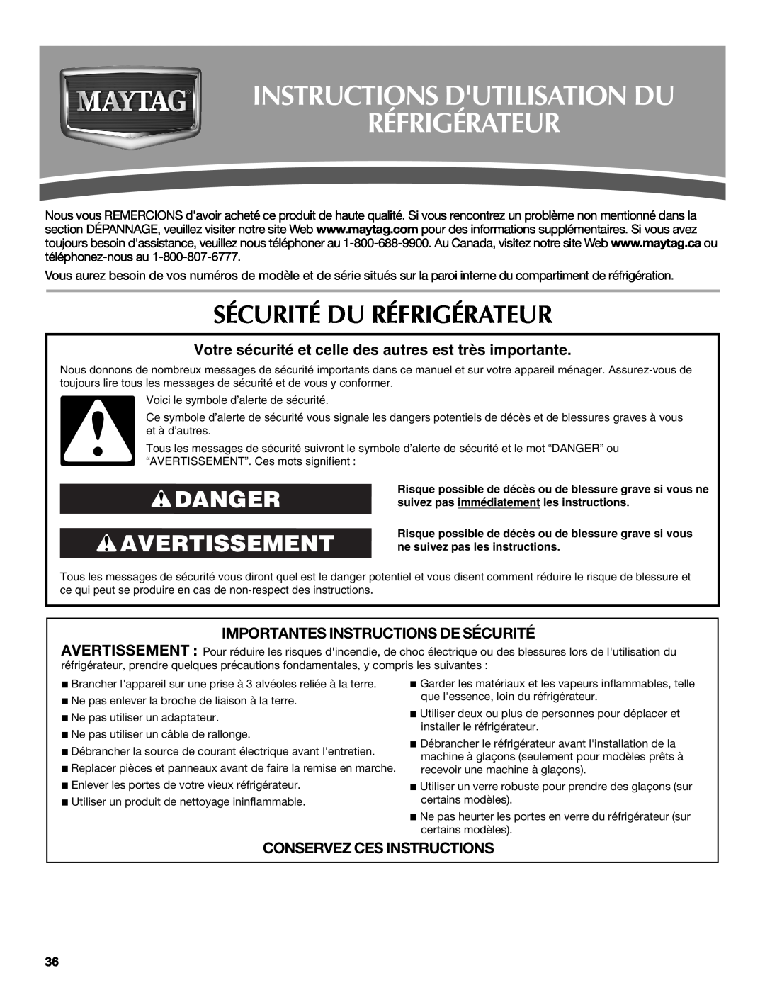 Maytag W10321475A Instructions Dutilisation Du Réfrigérateur, Sécurité Du Réfrigérateur, Danger Avertissement 