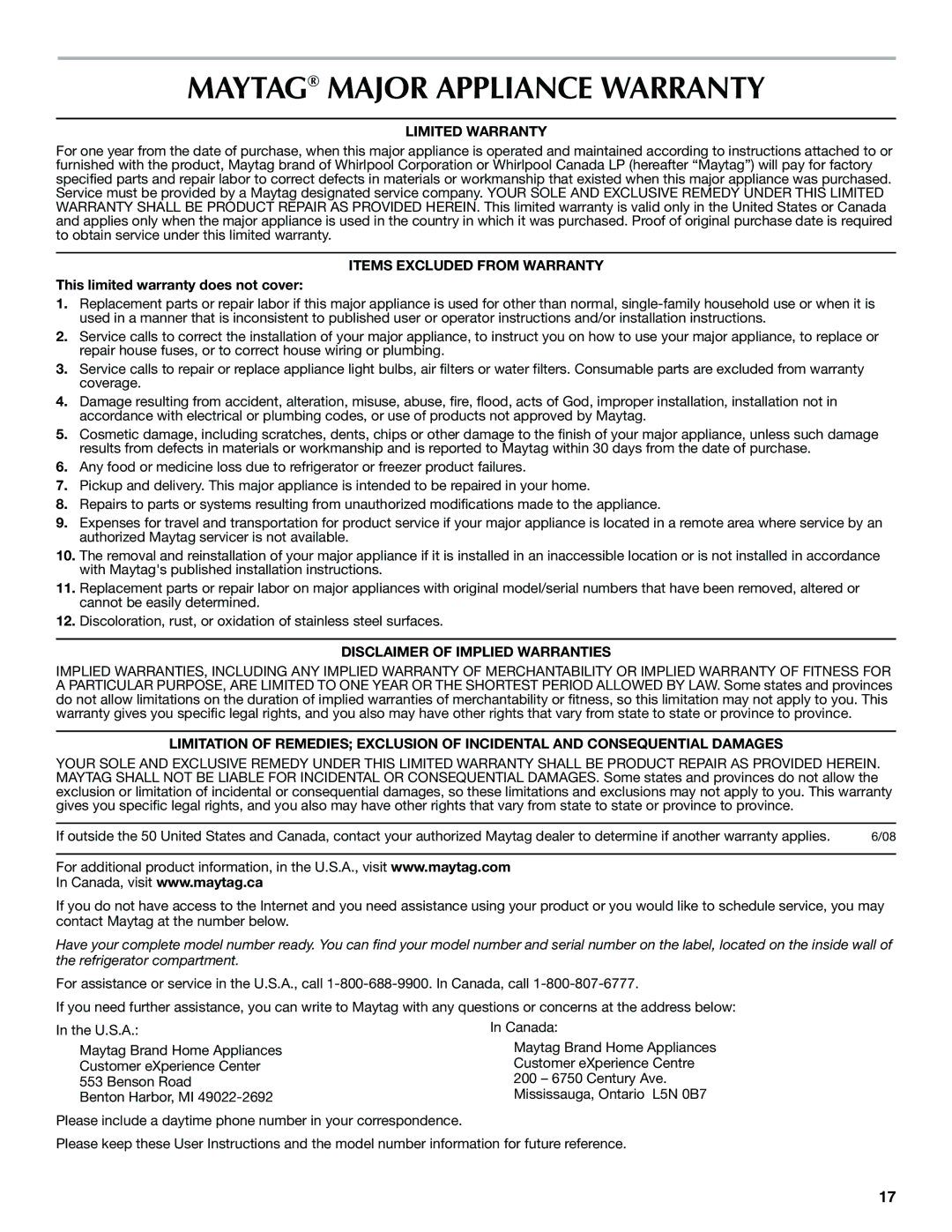 Maytag W10321476A installation instructions Maytag Major Appliance Warranty, Limited Warranty, Items Excluded from Warranty 