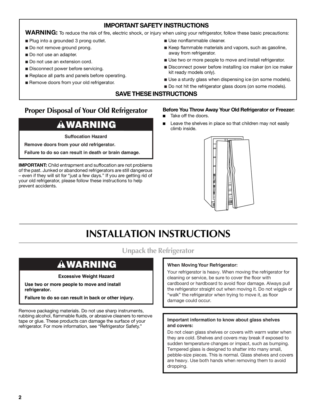 Maytag W10321476A installation instructions Installation Instructions, Unpack the Refrigerator 