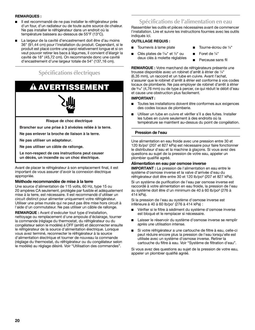 Maytag W10321476A Spécifications électriques, Spécifications de l’alimentation en eau, Pression de leau 