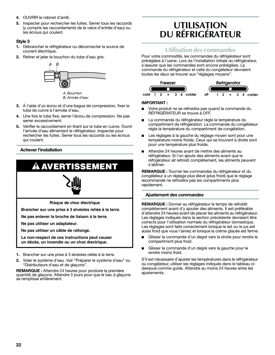 Maytag W10321476A installation instructions Utilisation DU Réfrigérateur, Utilisation des commandes, Achever l’installation 