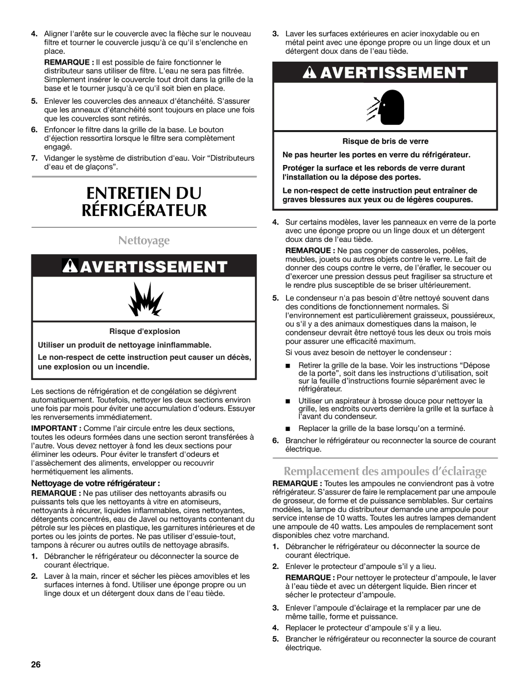 Maytag W10321476A installation instructions Entretien DU Réfrigérateur, Nettoyage, Remplacement des ampoules d’éclairage 