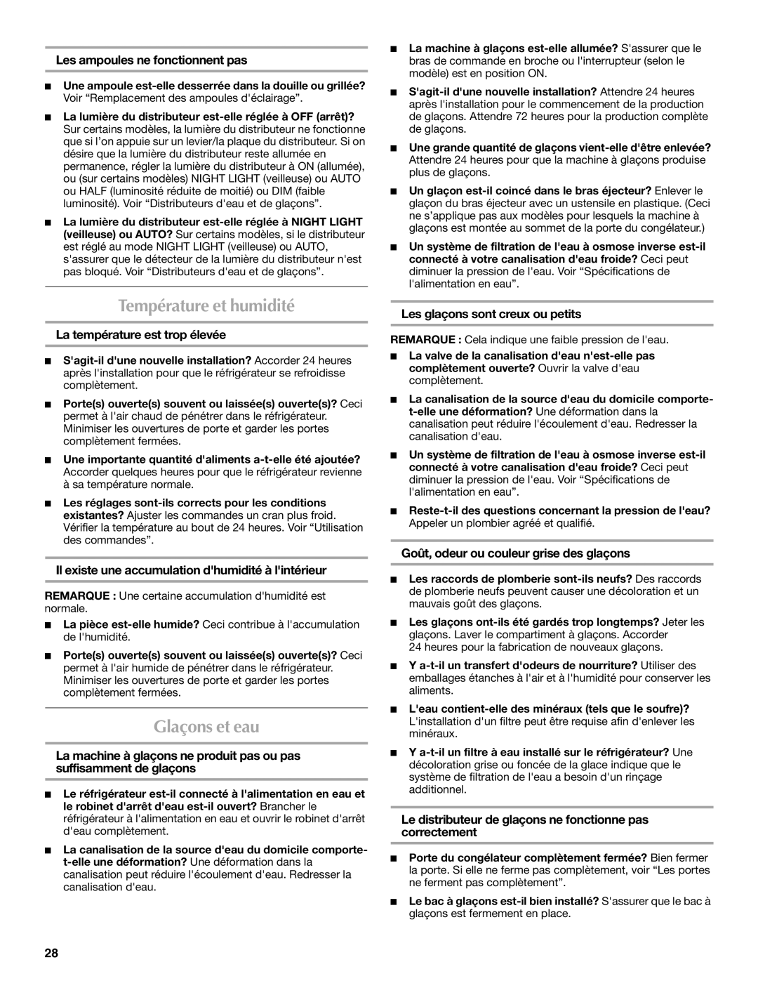 Maytag W10321476A installation instructions Température et humidité, Glaçons et eau 