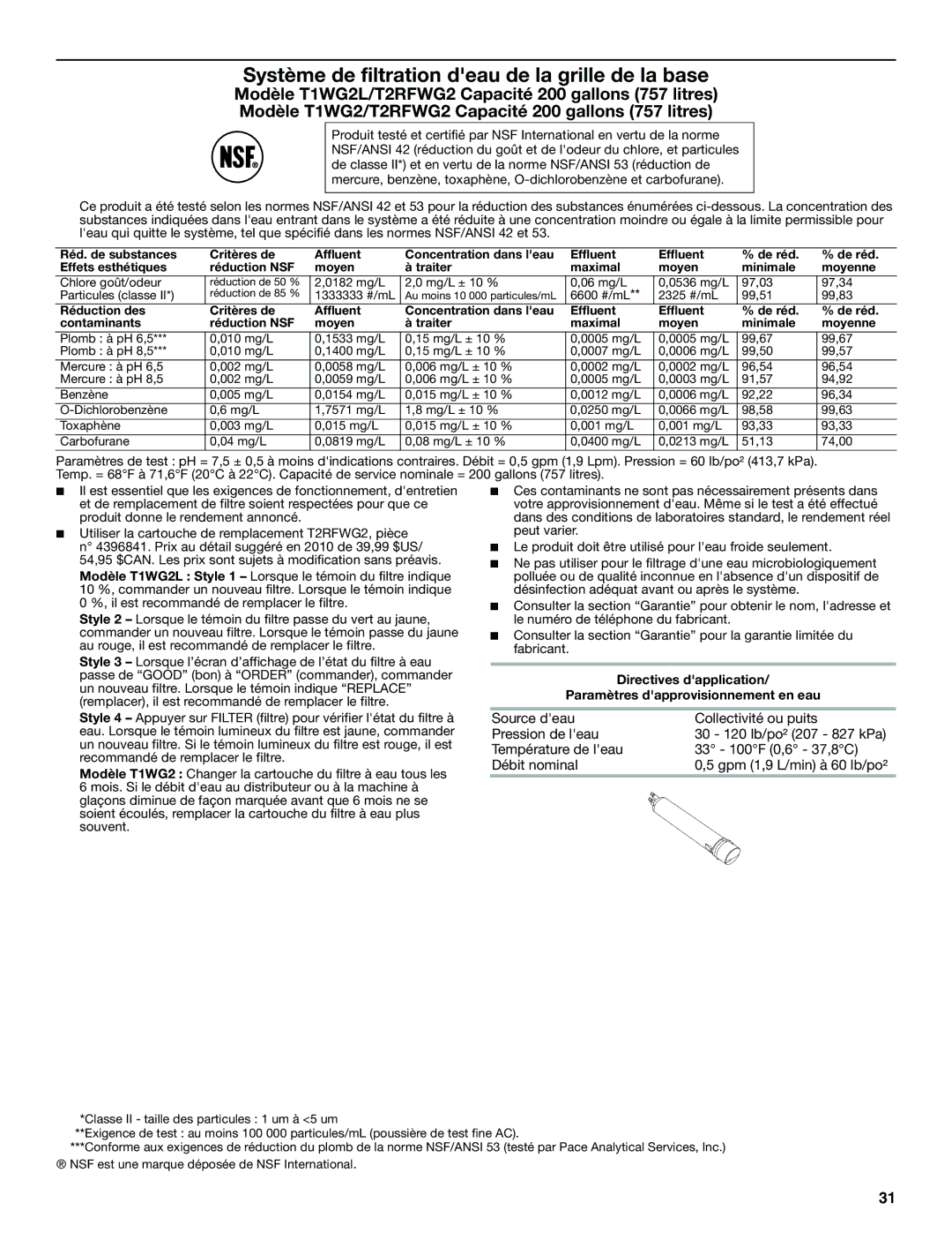 Maytag W10321476A installation instructions Système de filtration deau de la grille de la base 