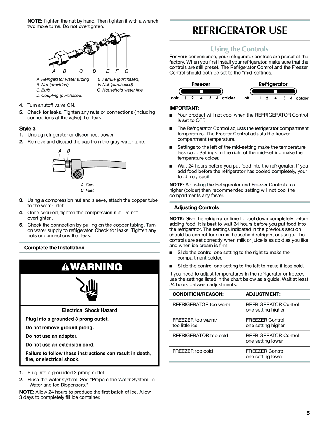 Maytag W10321476A Refrigerator USE, Using the Controls, Complete the Installation, Adjusting Controls 