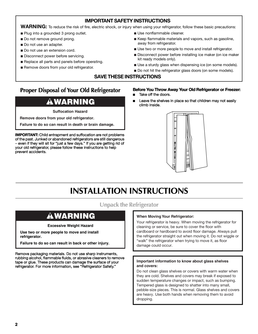 Maytag W10321476A Installation Instructions, Unpack the Refrigerator, Important Safety Instructions 