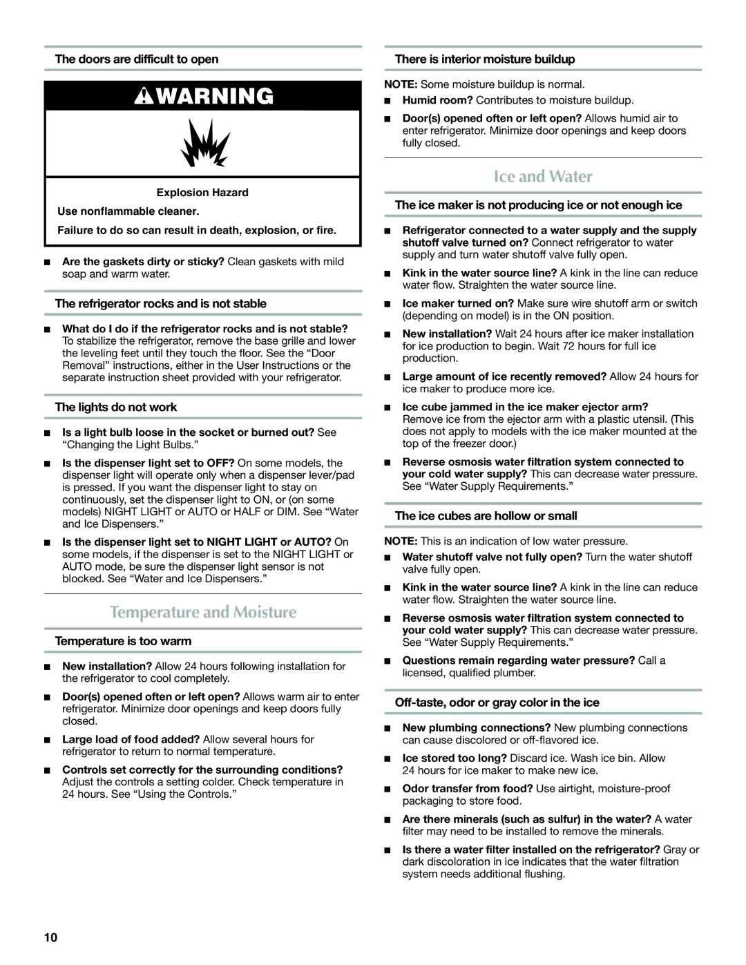 Maytag W10321477A installation instructions Temperature and Moisture, Ice and Water 