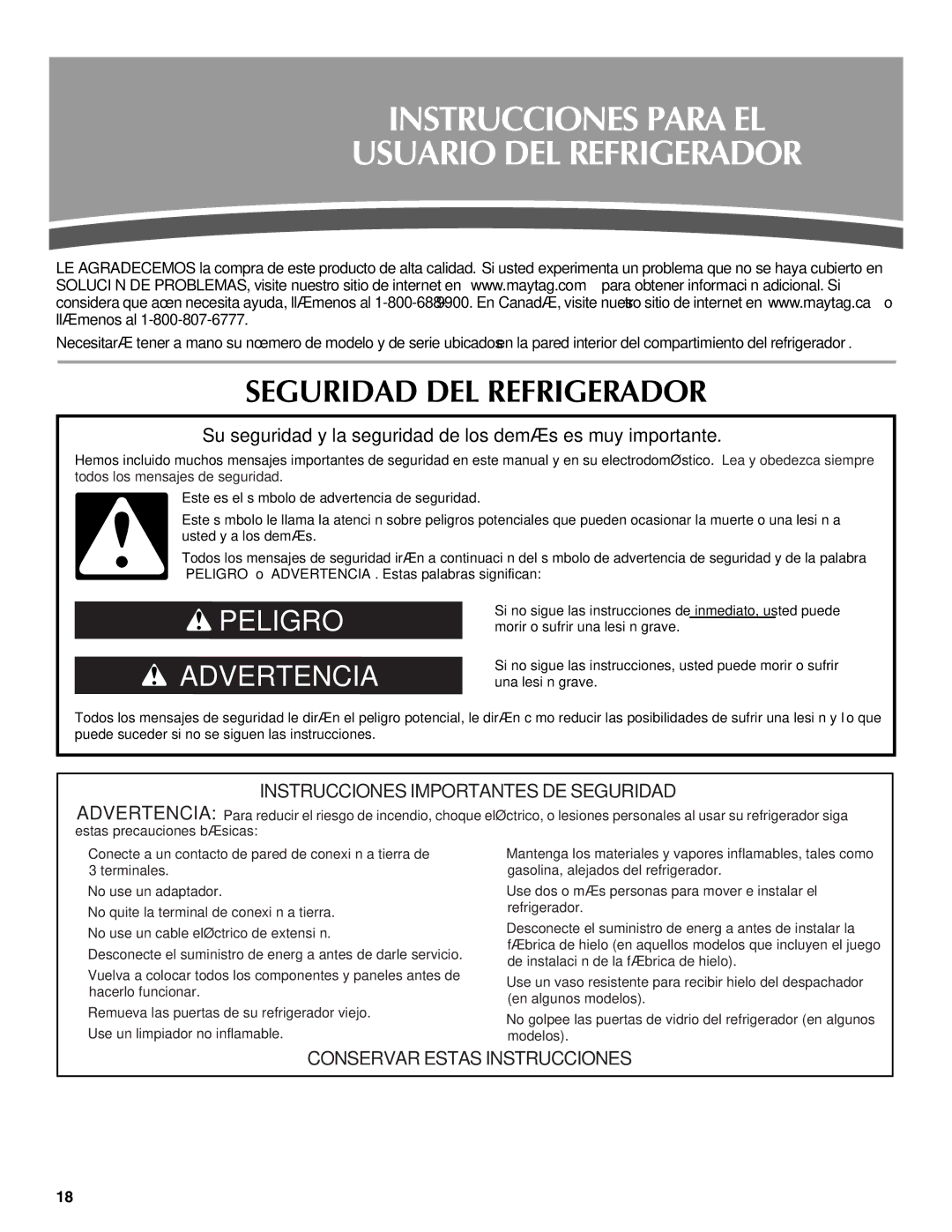 Maytag W10321477A installation instructions Instrucciones Para EL Usuario DEL Refrigerador, Seguridad DEL Refrigerador 