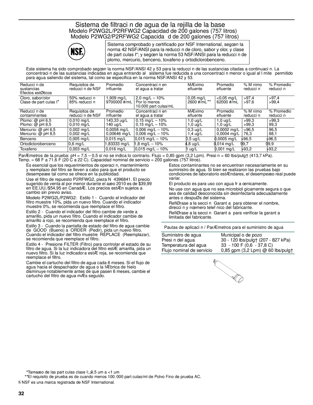 Maytag W10321477A installation instructions Sistema de filtración de agua de la rejilla de la base 