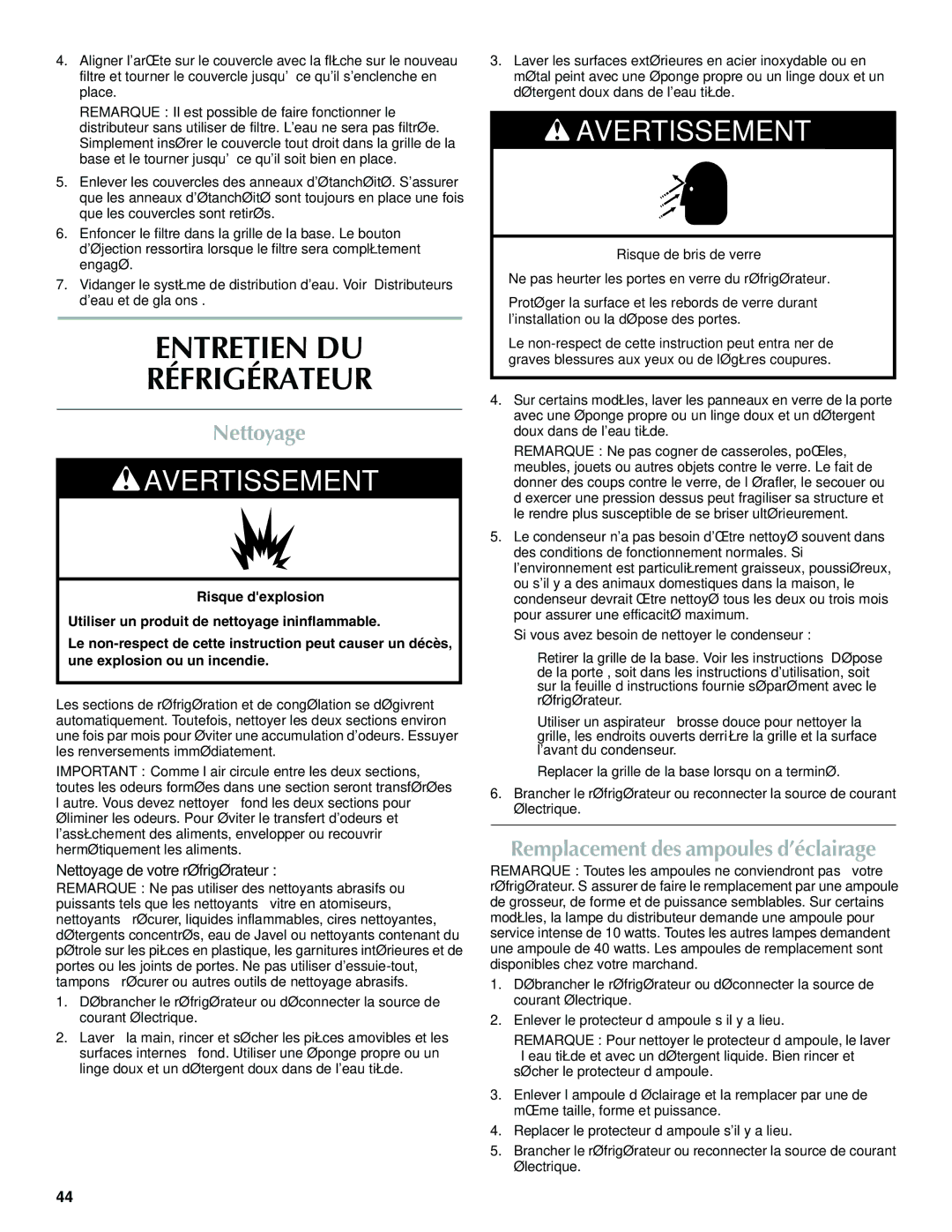 Maytag W10321477A installation instructions Entretien DU Réfrigérateur, Nettoyage, Remplacement des ampoules d’éclairage 