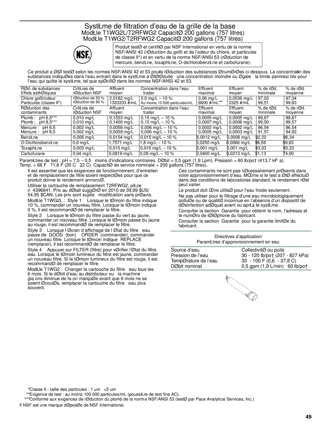 Maytag W10321477A installation instructions Système de filtration deau de la grille de la base 