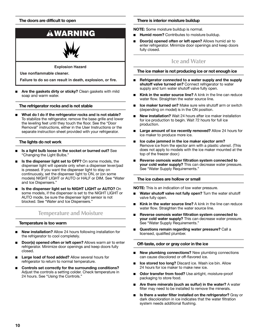 Maytag W10321478A installation instructions Temperature and Moisture, Ice and Water 