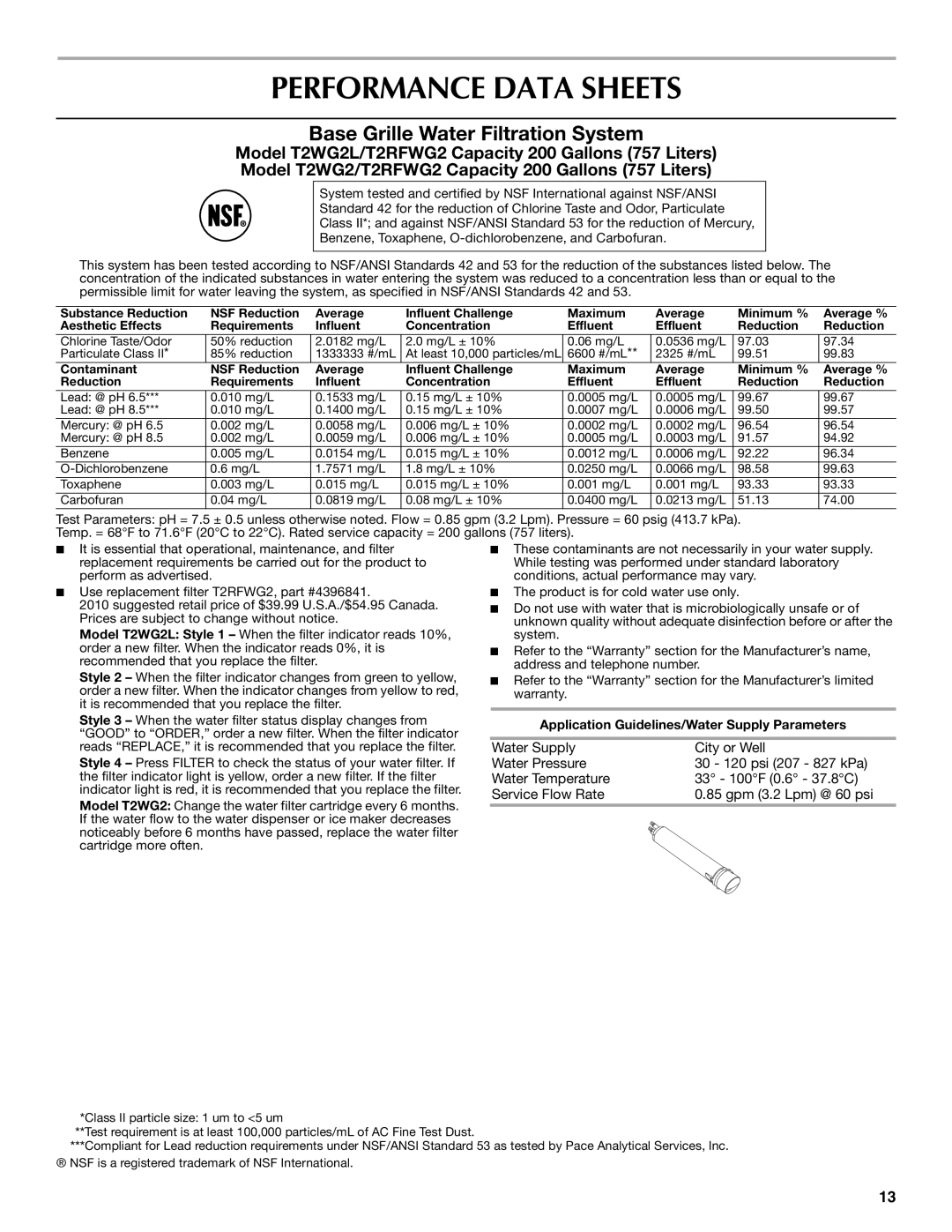 Maytag W10321478A installation instructions Performance Data Sheets, Base Grille Water Filtration System 