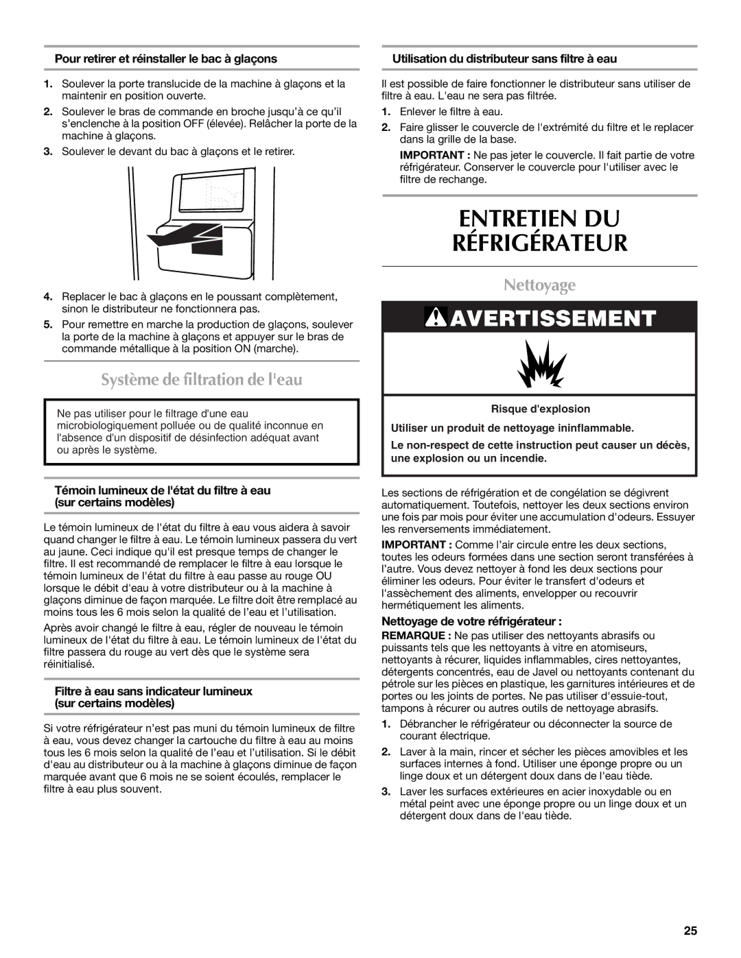 Maytag W10321478A installation instructions Entretien DU Réfrigérateur, Système de filtration de leau, Nettoyage 