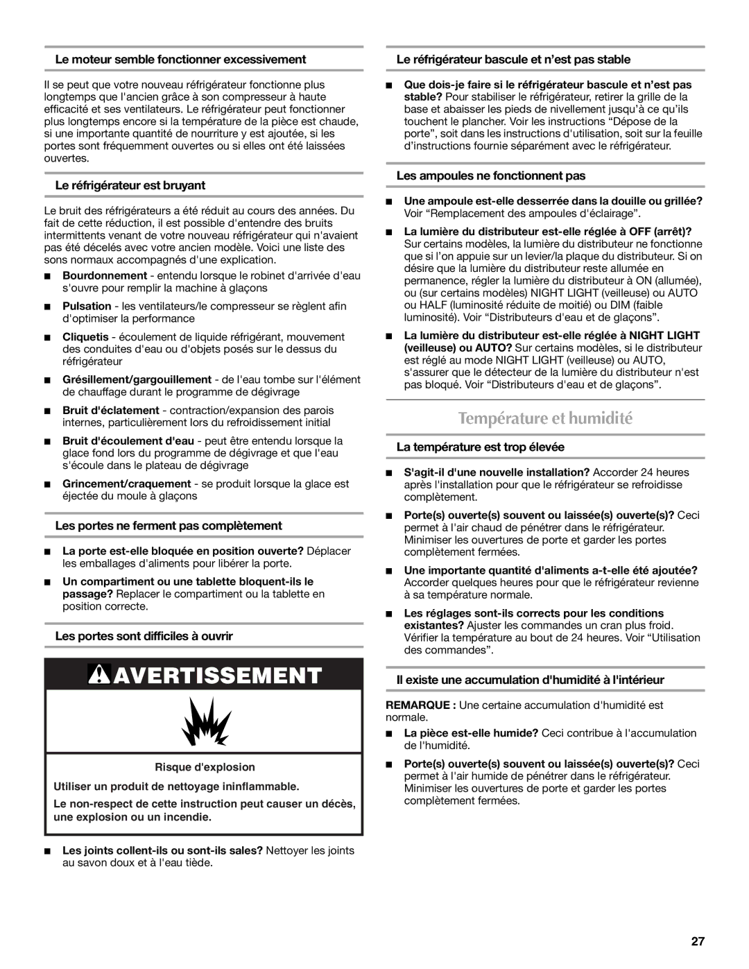 Maytag W10321478A installation instructions Température et humidité 