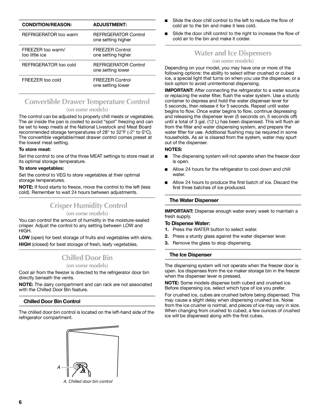 Maytag W10321478A installation instructions Crisper Humidity Control, Chilled Door Bin, Water and Ice Dispensers 