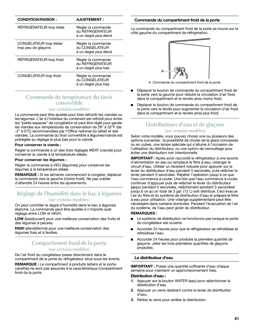 Maytag W10321479A installation instructions Commande de température du tiroir Convertible, Compartiment froid de la porte 