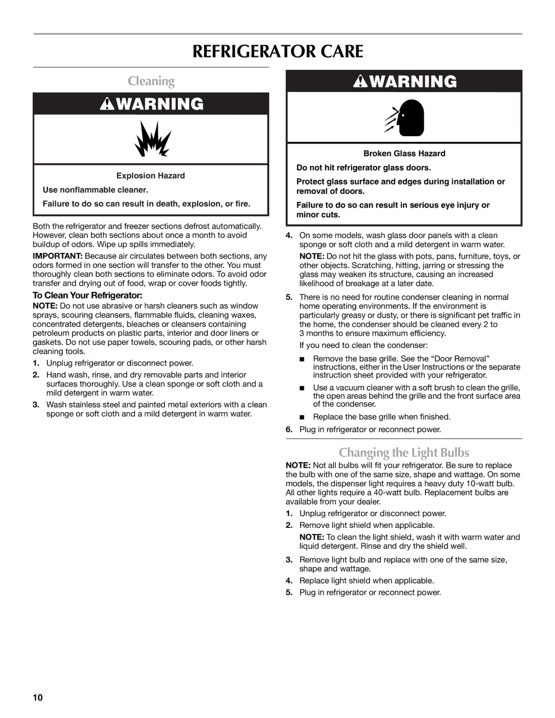 Maytag W10321480A Refrigerator Care, Cleaning, Changing the Light Bulbs, To Clean Your Refrigerator 