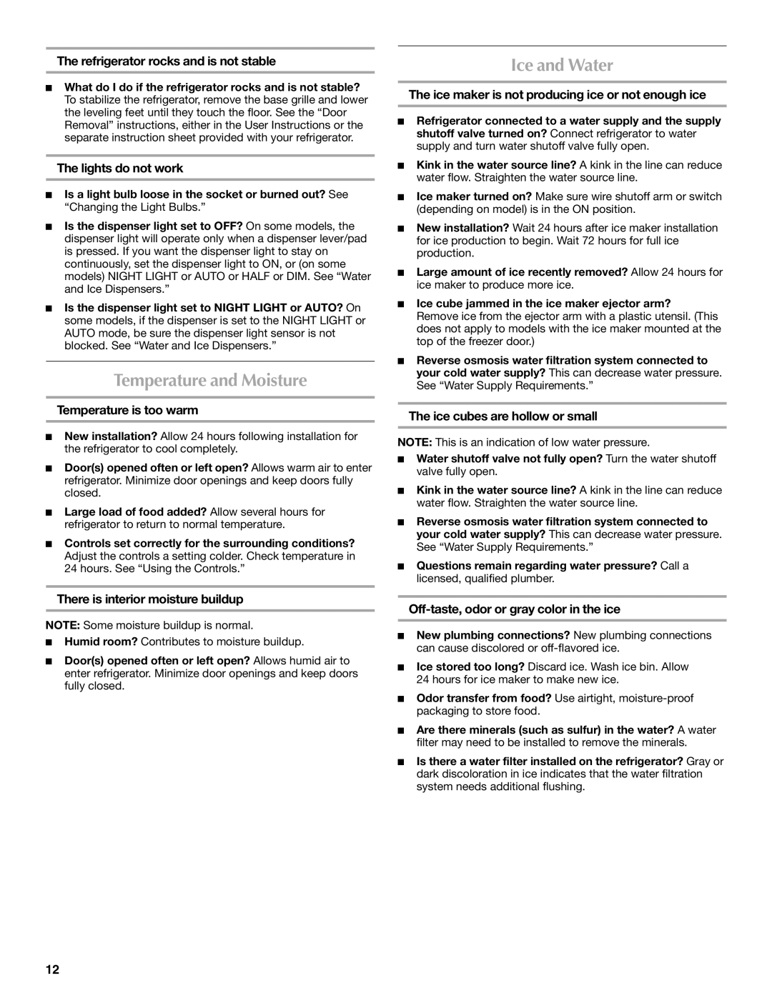 Maytag W10321480A installation instructions Temperature and Moisture, Ice and Water 