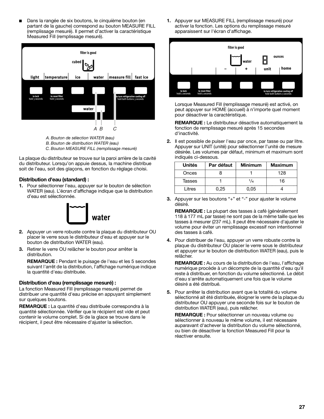 Maytag W10321480A Distribution deau standard, Distribution deau remplissage mesuré, Unités Par défaut Minimum Maximum 