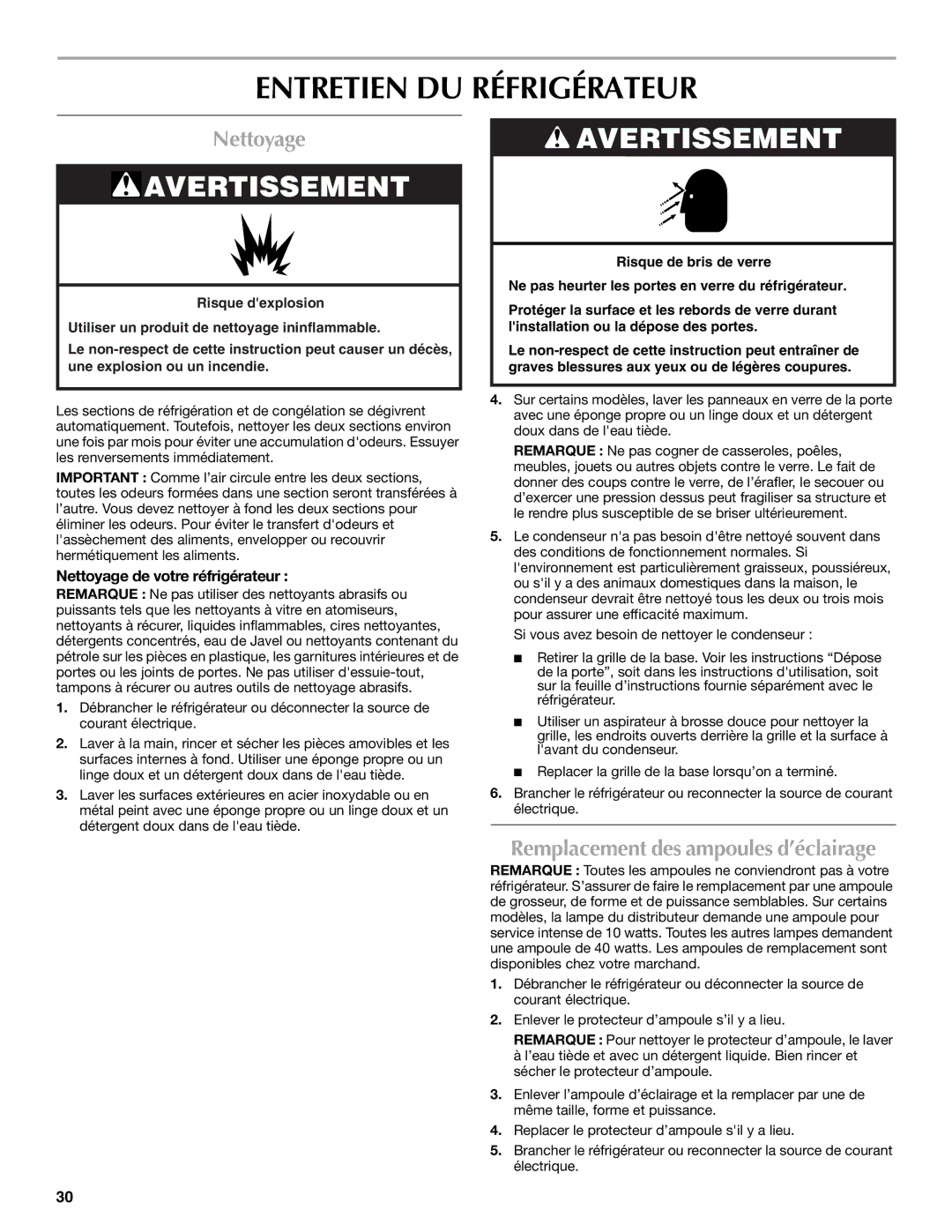 Maytag W10321480A installation instructions Entretien DU Réfrigérateur, Nettoyage, Remplacement des ampoules d’éclairage 