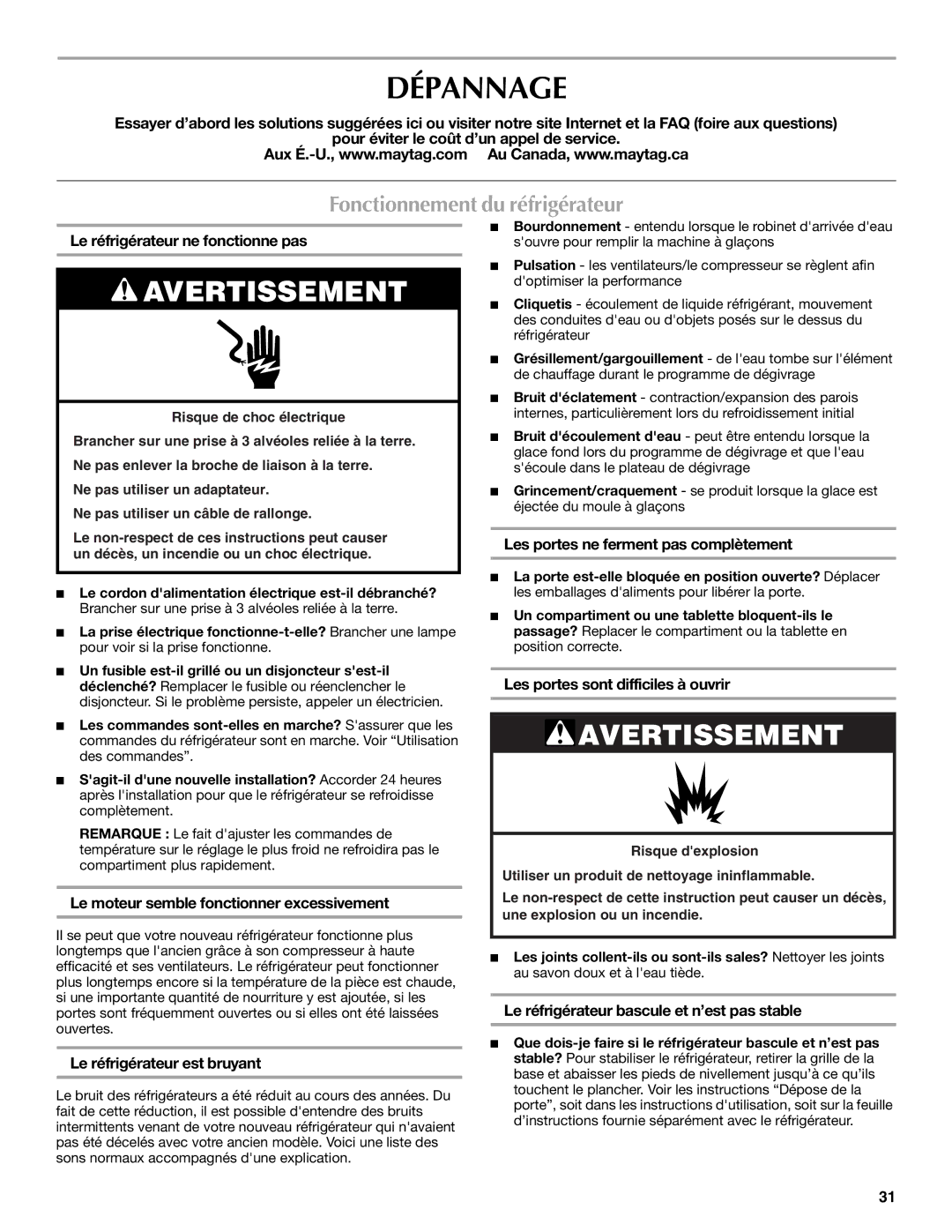 Maytag W10321480A installation instructions Dépannage, Fonctionnement du réfrigérateur 