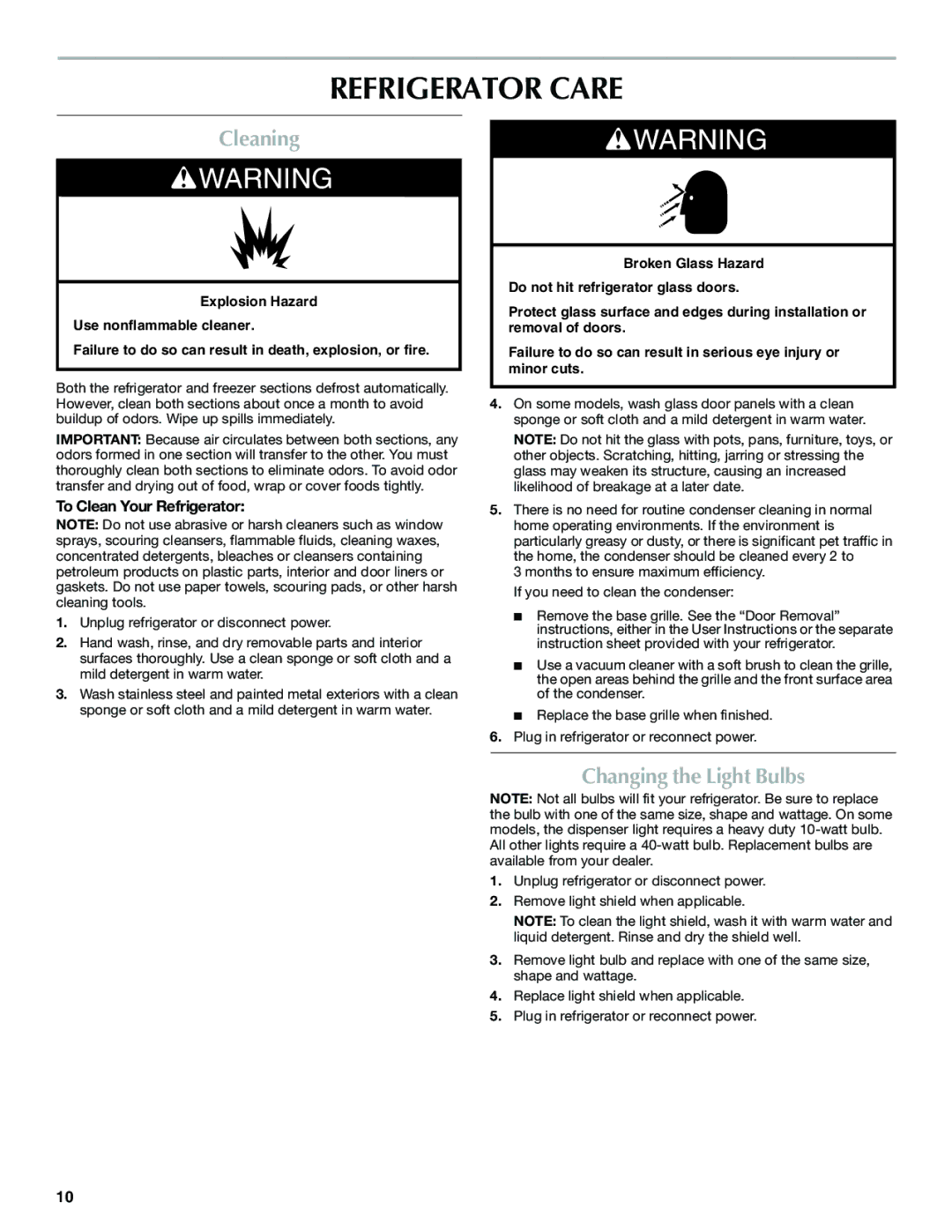 Maytag W10321481A Refrigerator Care, Cleaning, Changing the Light Bulbs, To Clean Your Refrigerator 